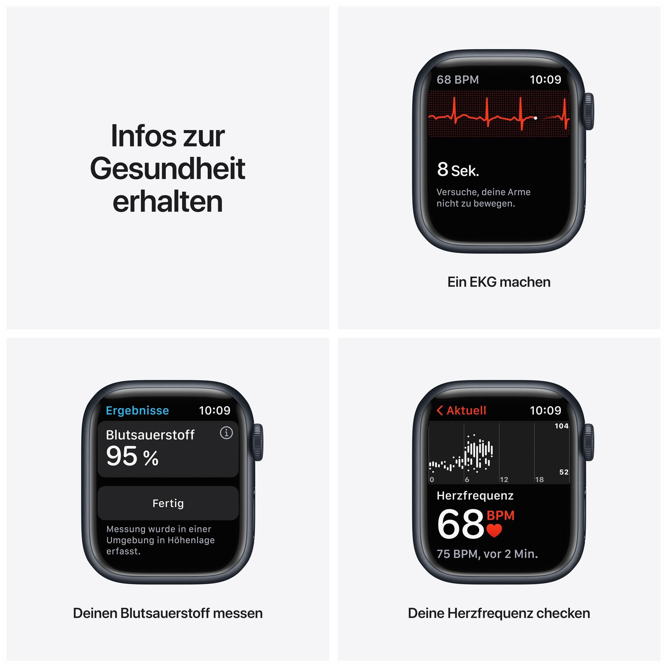 Apple Watch Bildschirme zeigen Gesundheitsdaten: EKG, Herzfrequenz, Blutsauerstoff und Infos.