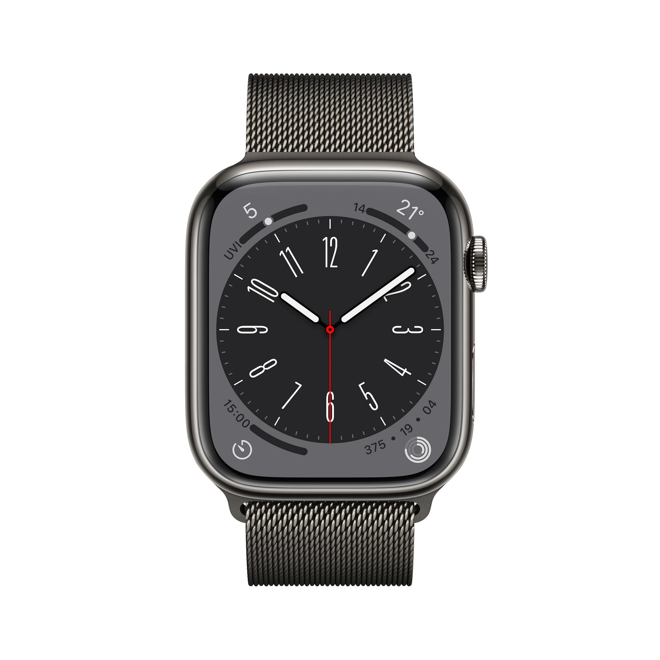 Apple Watch Series 8 mit schwarzem Metallarmband, schwarzes Zifferblatt zeigt Zeit.