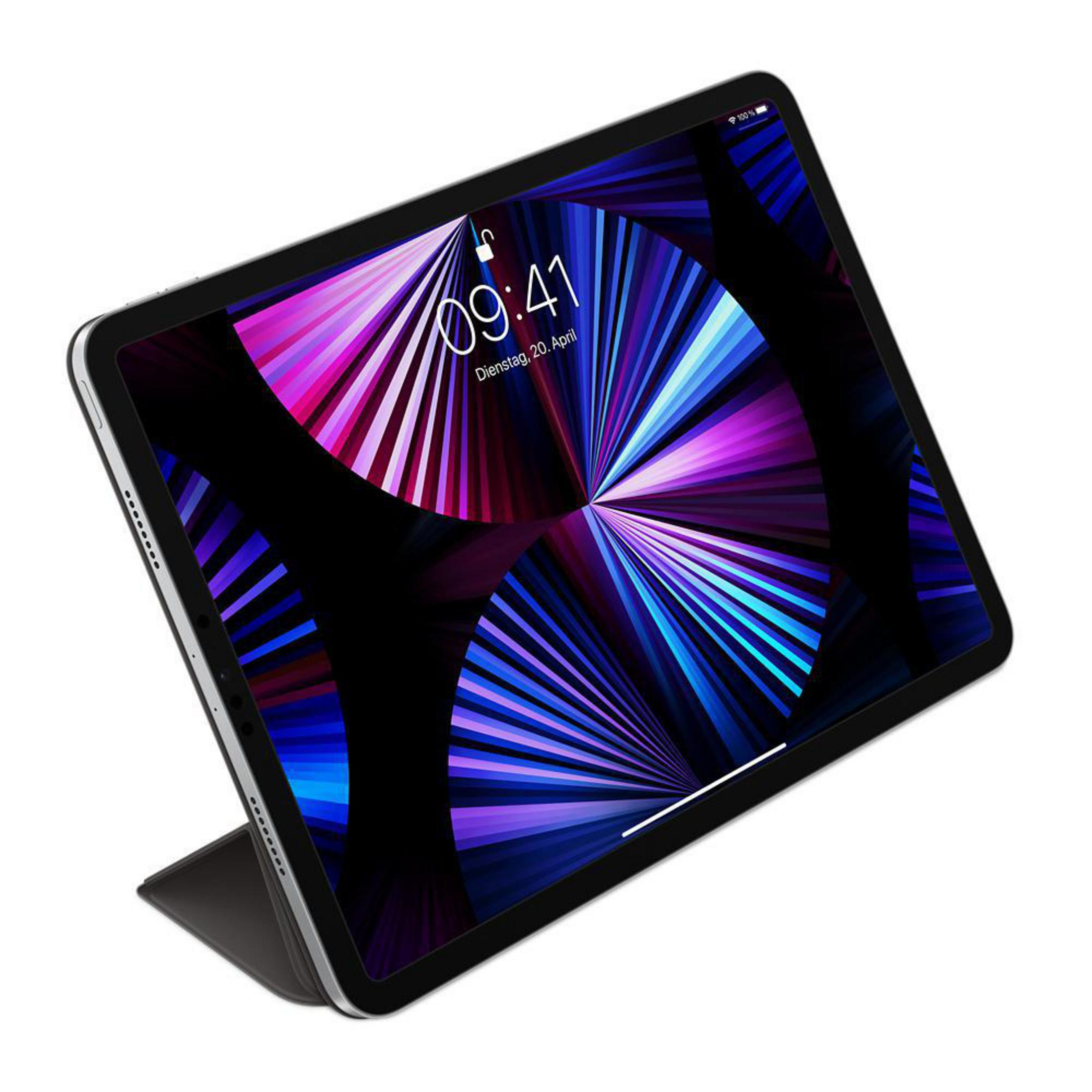 Ein iPad mit buntem, abstraktem Hintergrund. Der Bildschirm zeigt Uhrzeit und Datum.