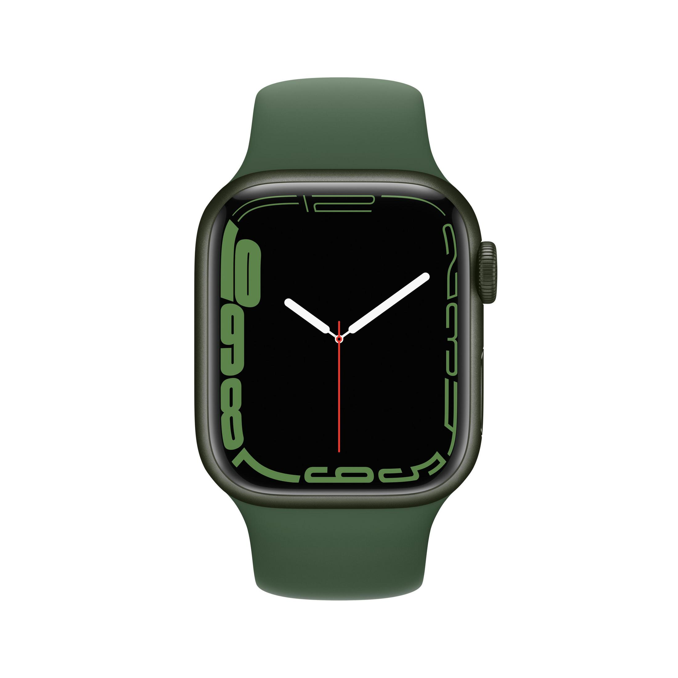 Eine grüne Apple Watch Series 7 mit schwarzem Display, das die Uhrzeit anzeigt.