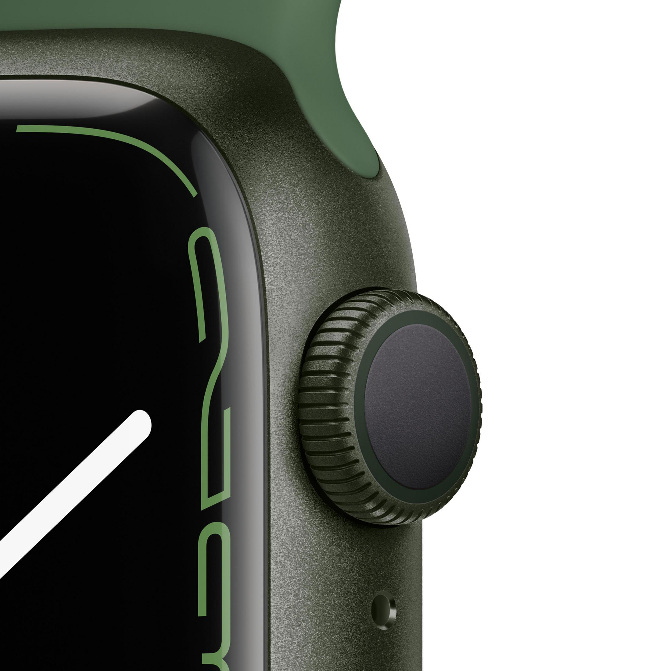 Nahaufnahme einer grünen Uhr mit schwarzem Zifferblatt. Die Uhr hat eine grüne Seitentaste.