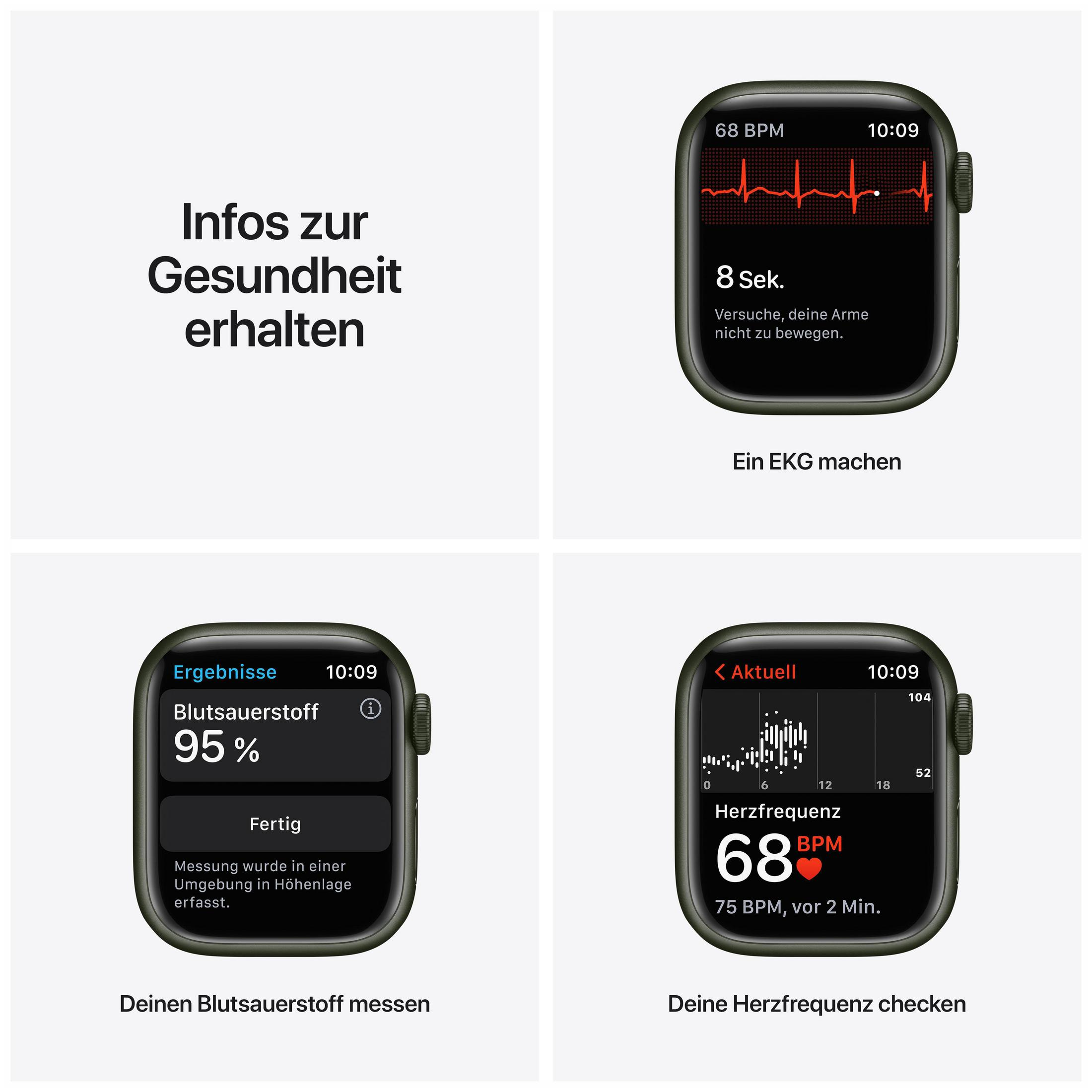 Screenshots auf einer dunkelgrünen Apple Watch, die Gesundheitsdaten zeigen: EKG, Sauerstoff, Herzfrequenz.