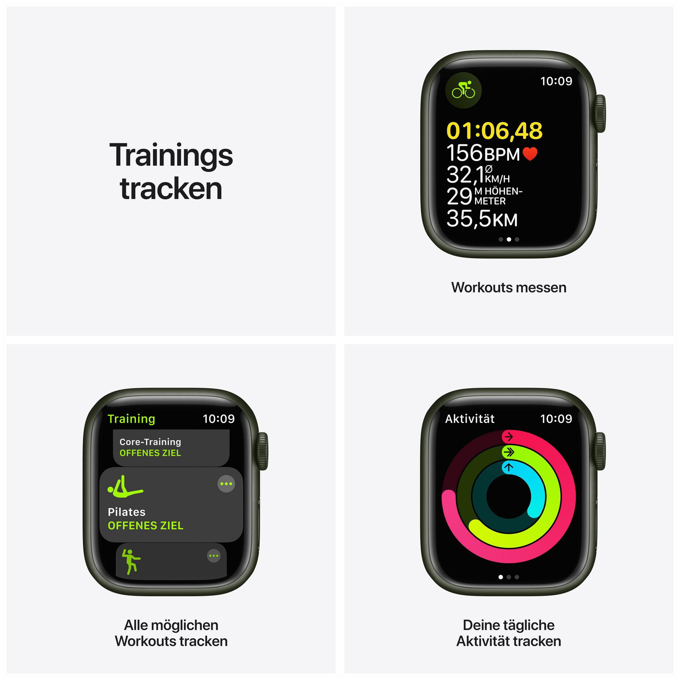 Mehrere Apple Watch-Bildschirme mit Workouts und Aktivitäten.
