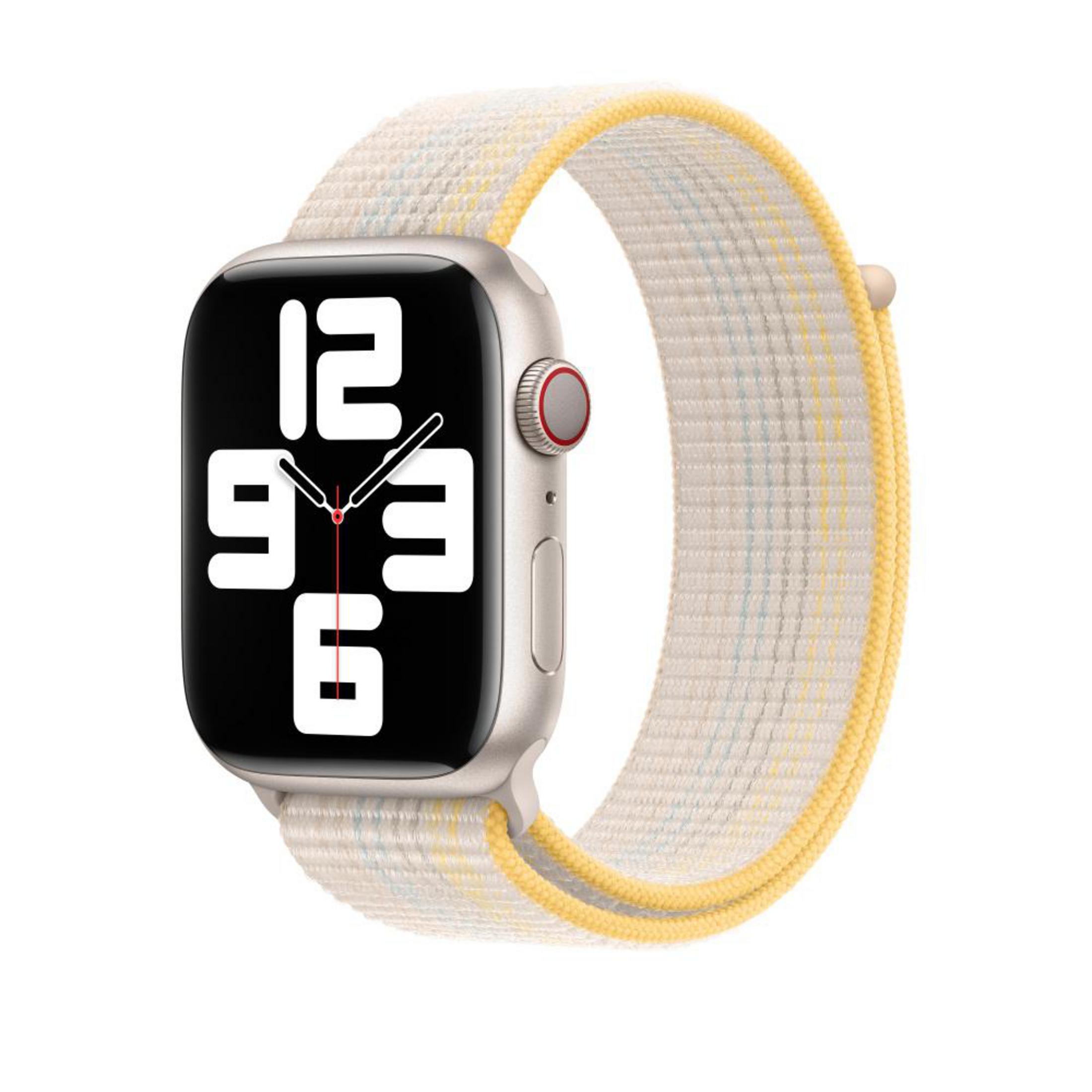 An Apple Watch with a yellow and white band, displaying the time.