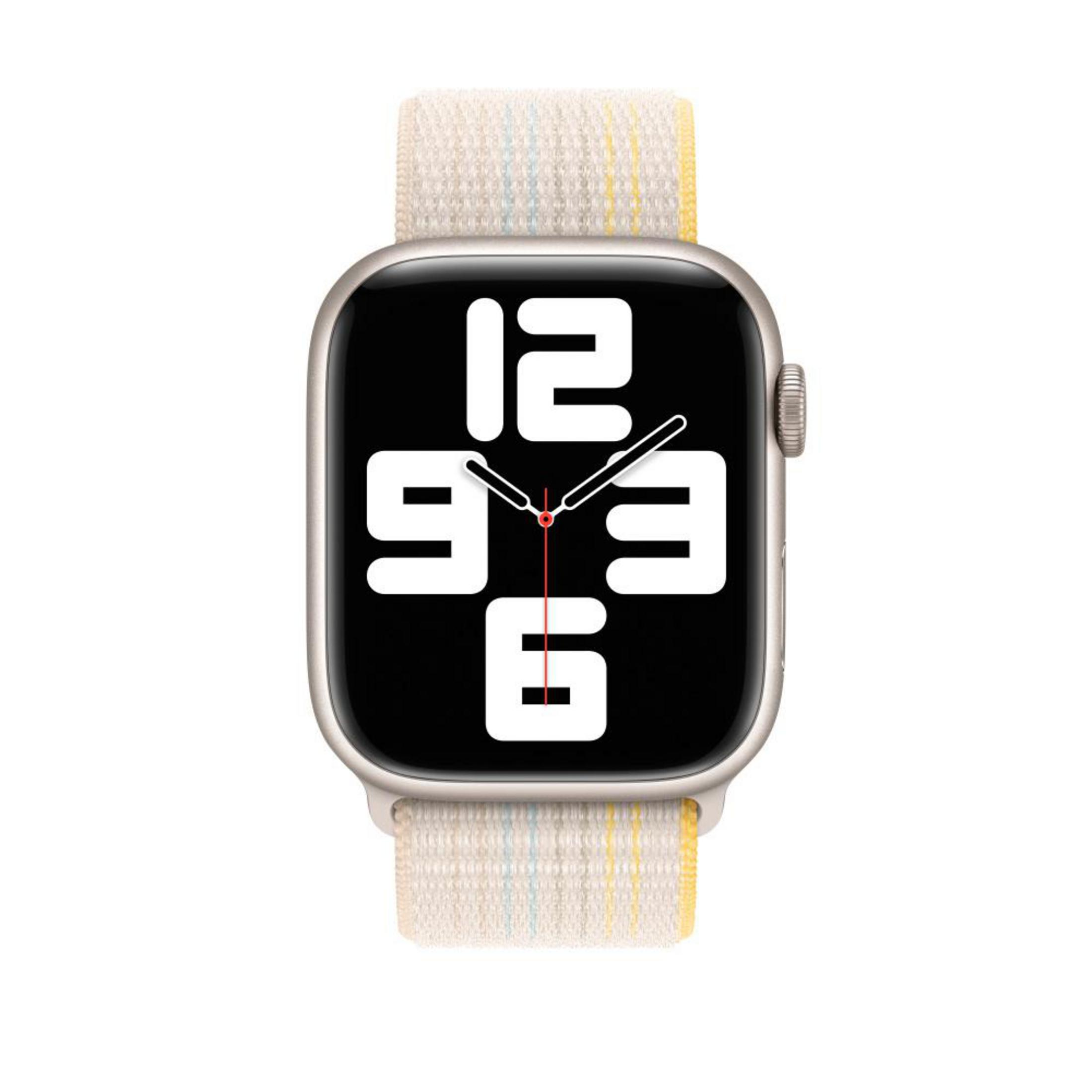 Apple Watch with a light gray case and a cream-colored and yellow striped strap.
