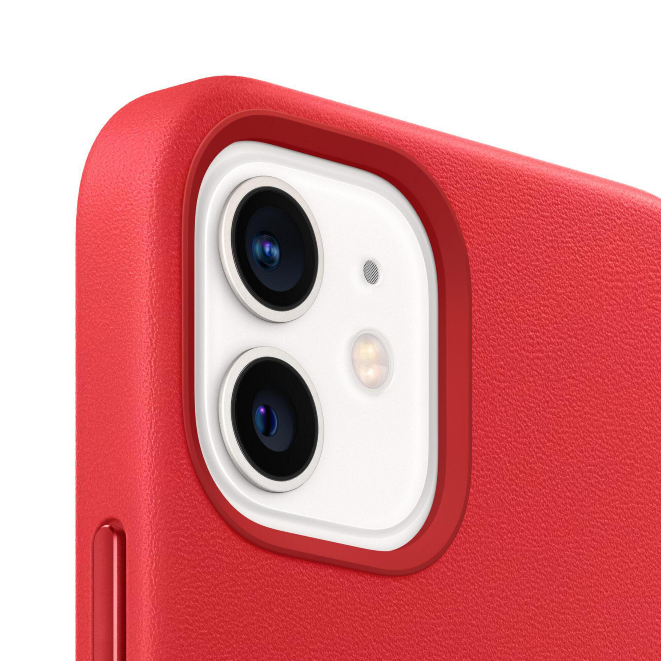 Close-up of iPhone camera. Red phone case with two camera lenses and a flash.