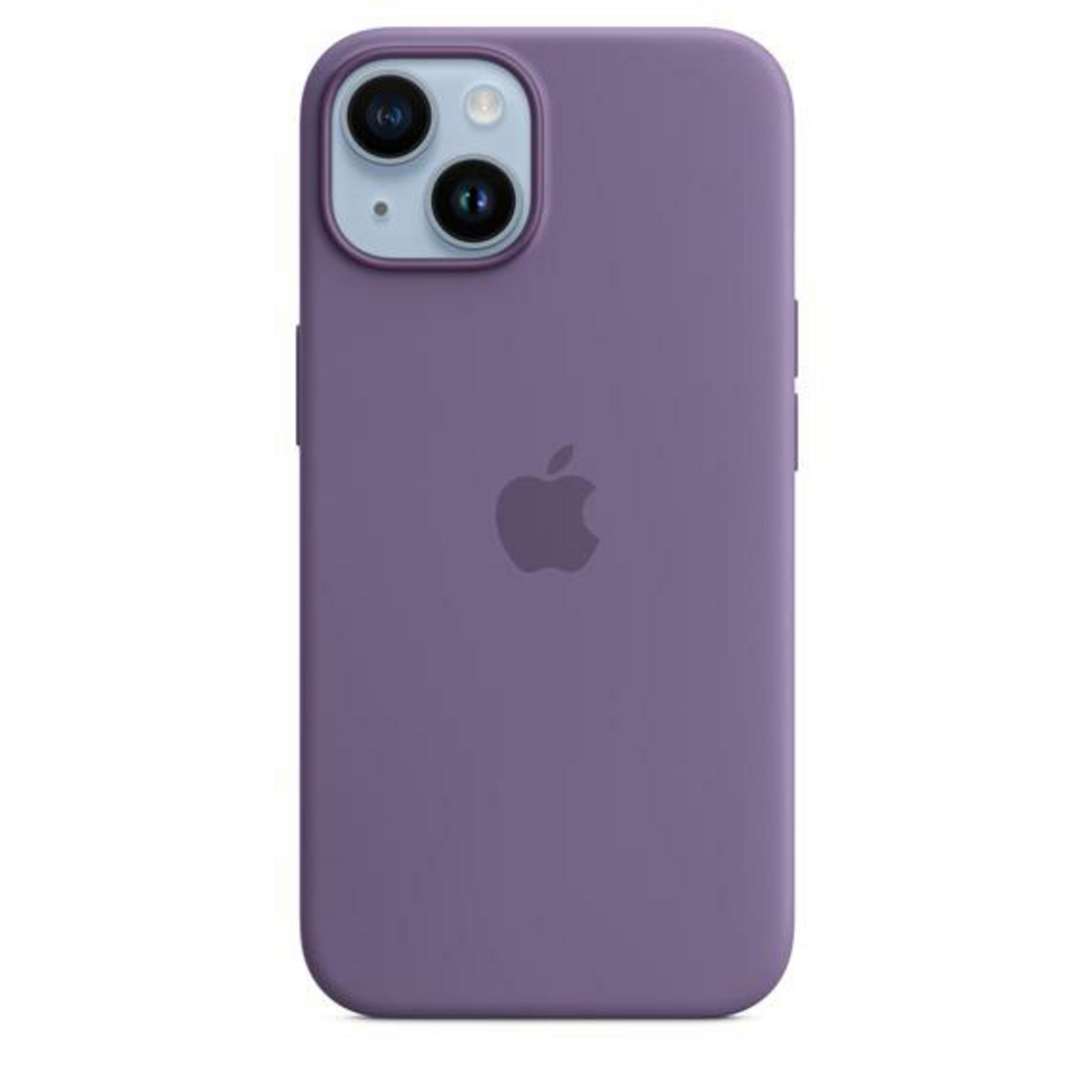 Fioletowe etui na telefon z dwoma obiektywami aparatu, lampą błyskową i logo Apple na białym tle.