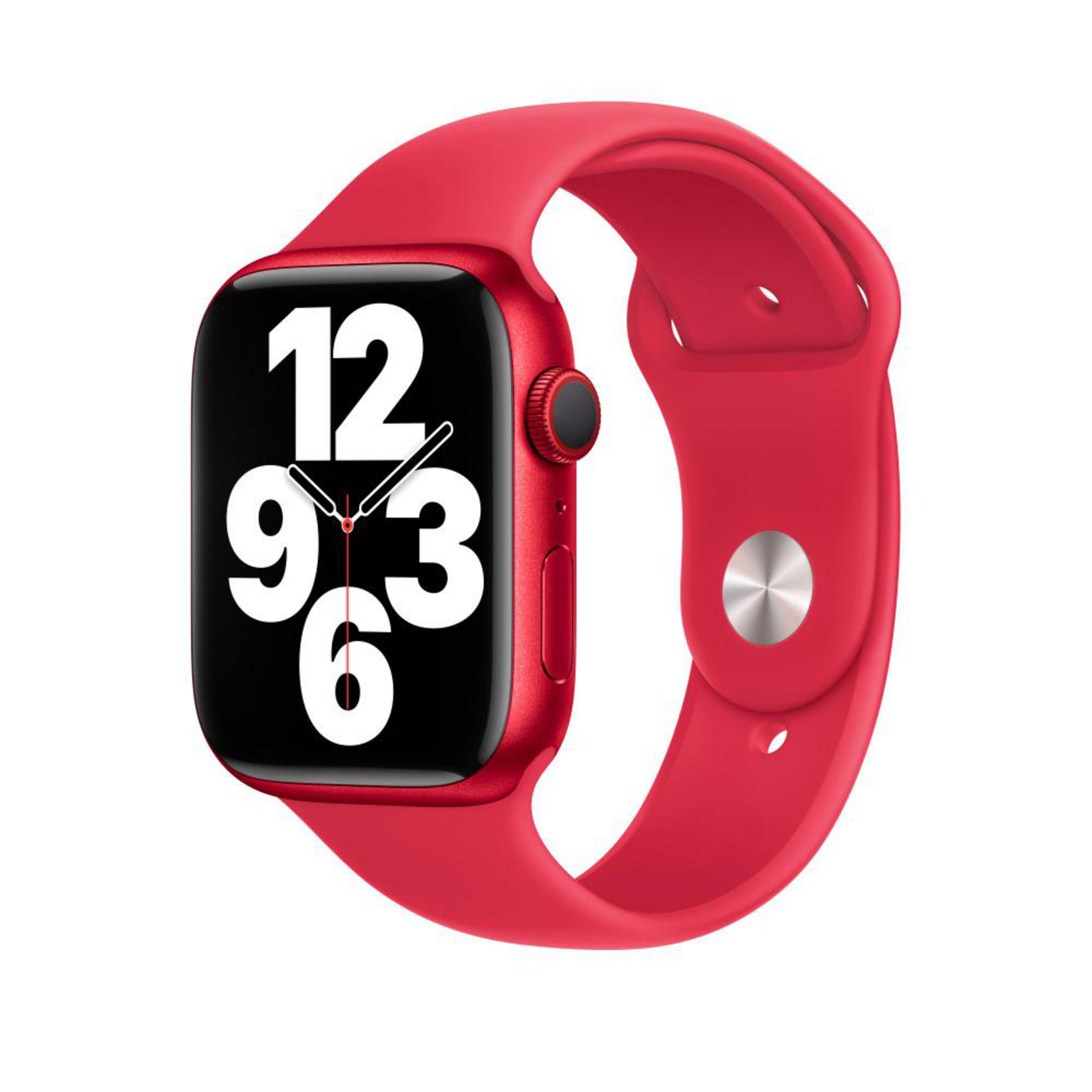 Red Apple Watch with a red strap, showing the time on the screen.