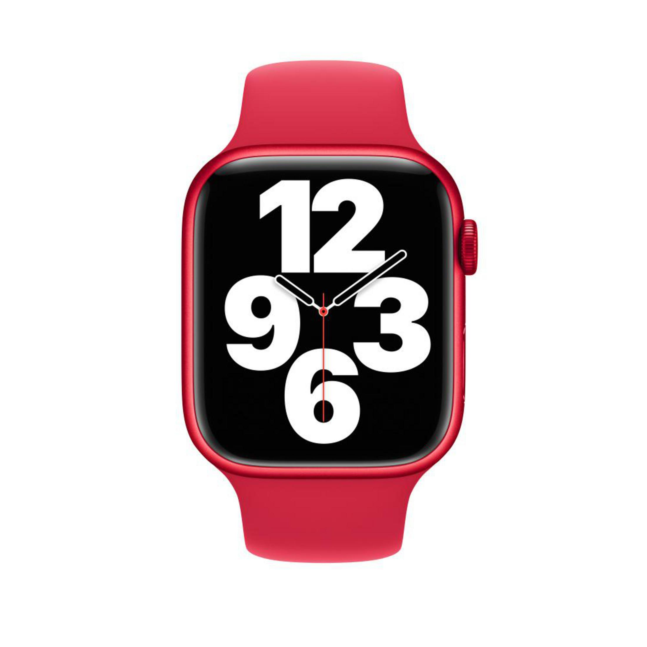 Red smartwatch with a black screen displaying the numbers 12, 9, 6, and 3.
