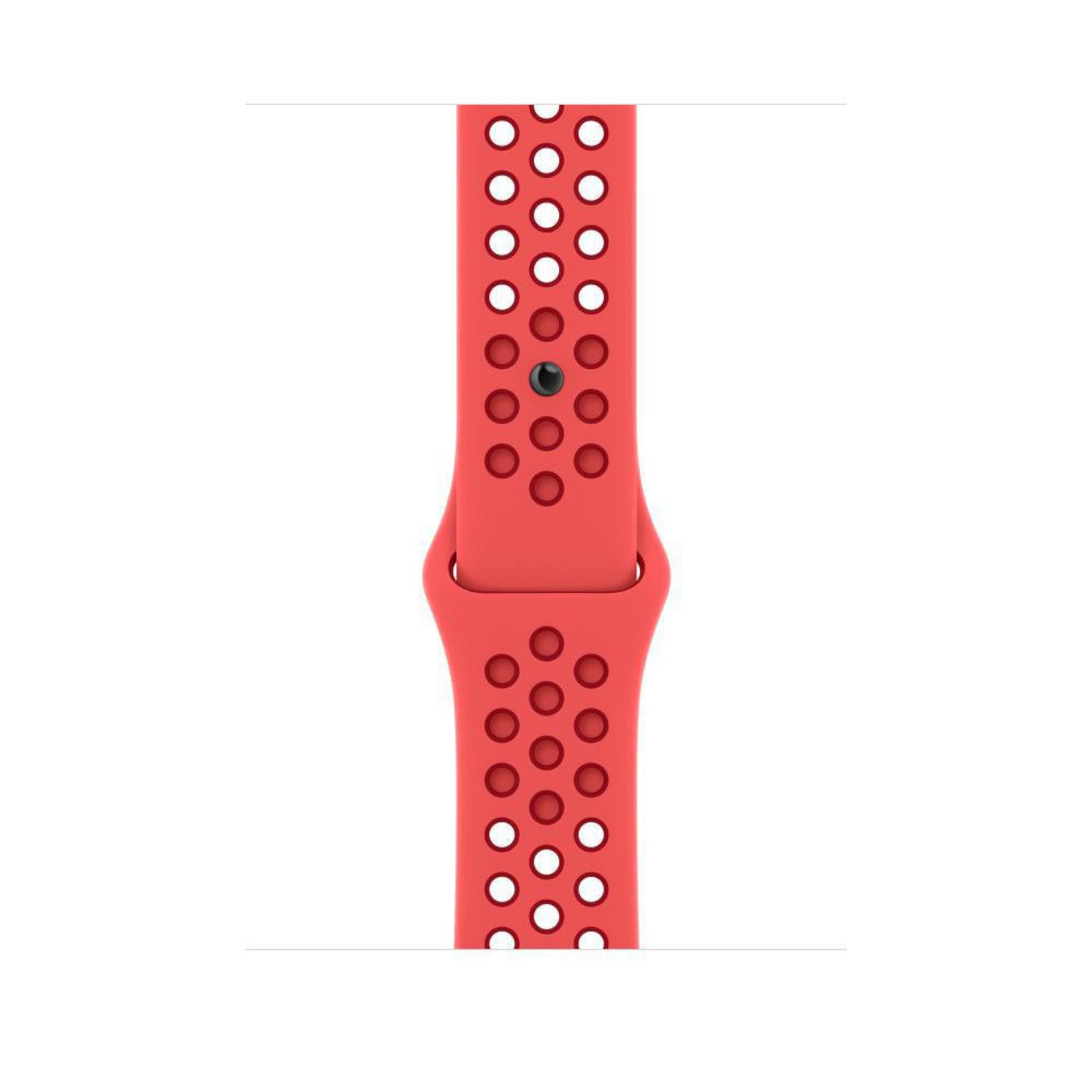 Red Apple Watch sport band with perforations. The band is shown connected.