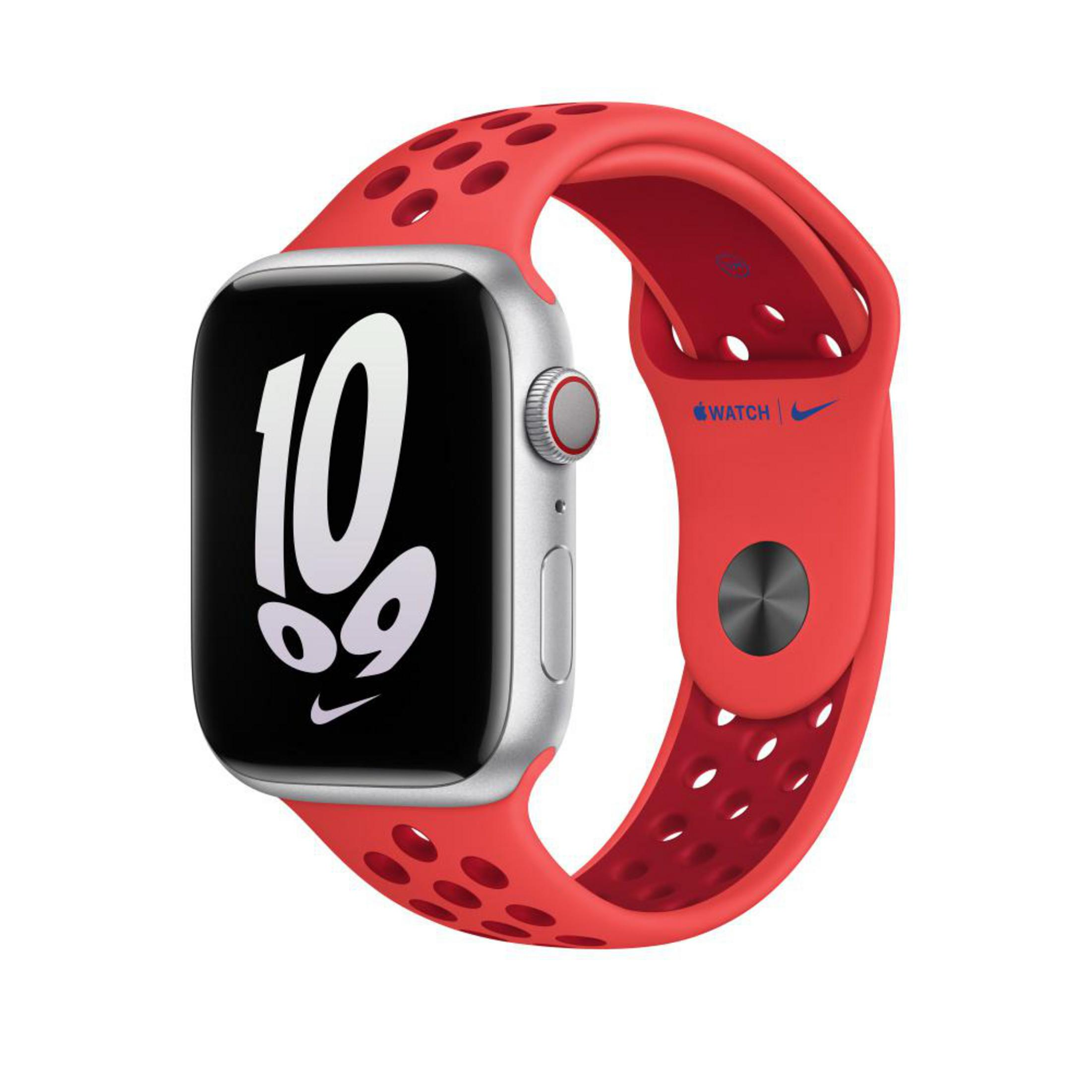 Apple Watch with a red band and a black screen showing time, with a Nike logo.