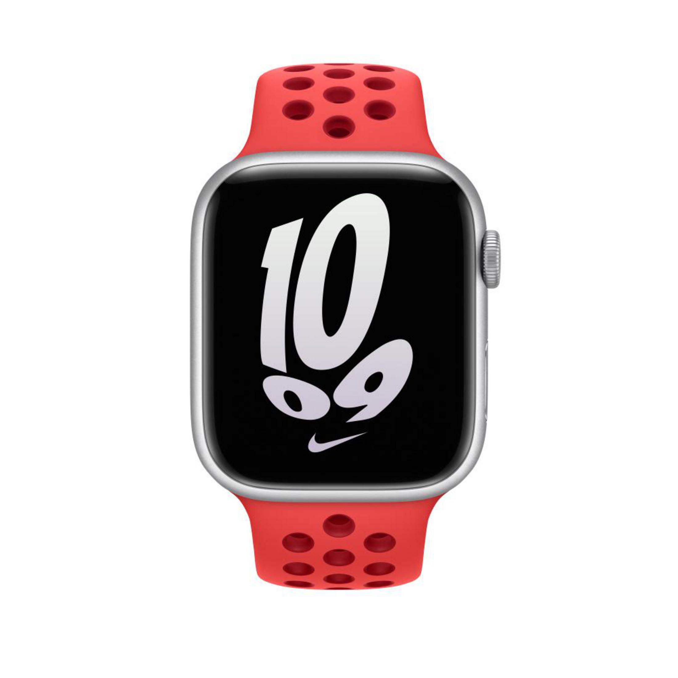 A red Apple Watch displaying the number '10', with a red perforated band on a white background.