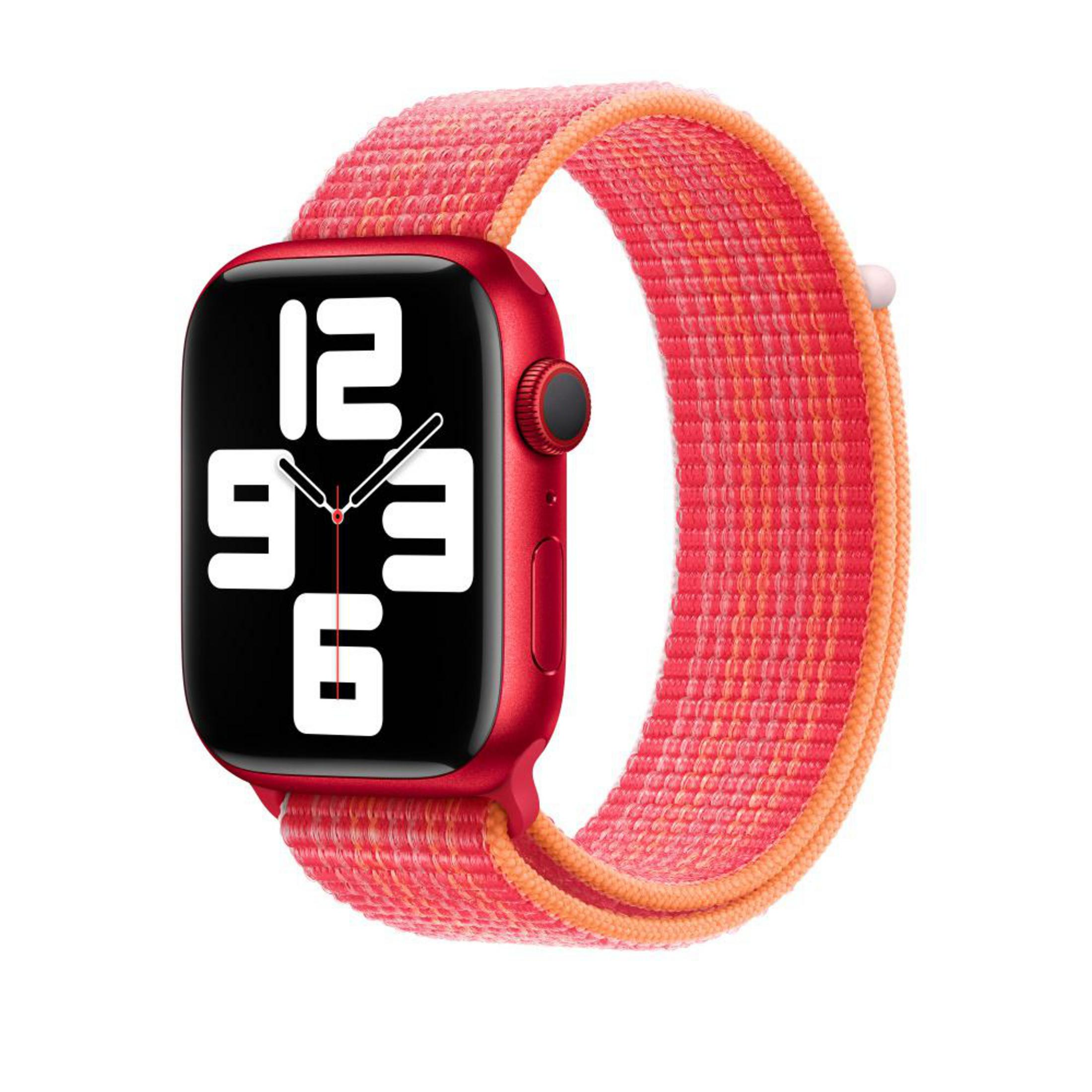 Apple Watch with a red case and an orange-red woven strap, showing the time.