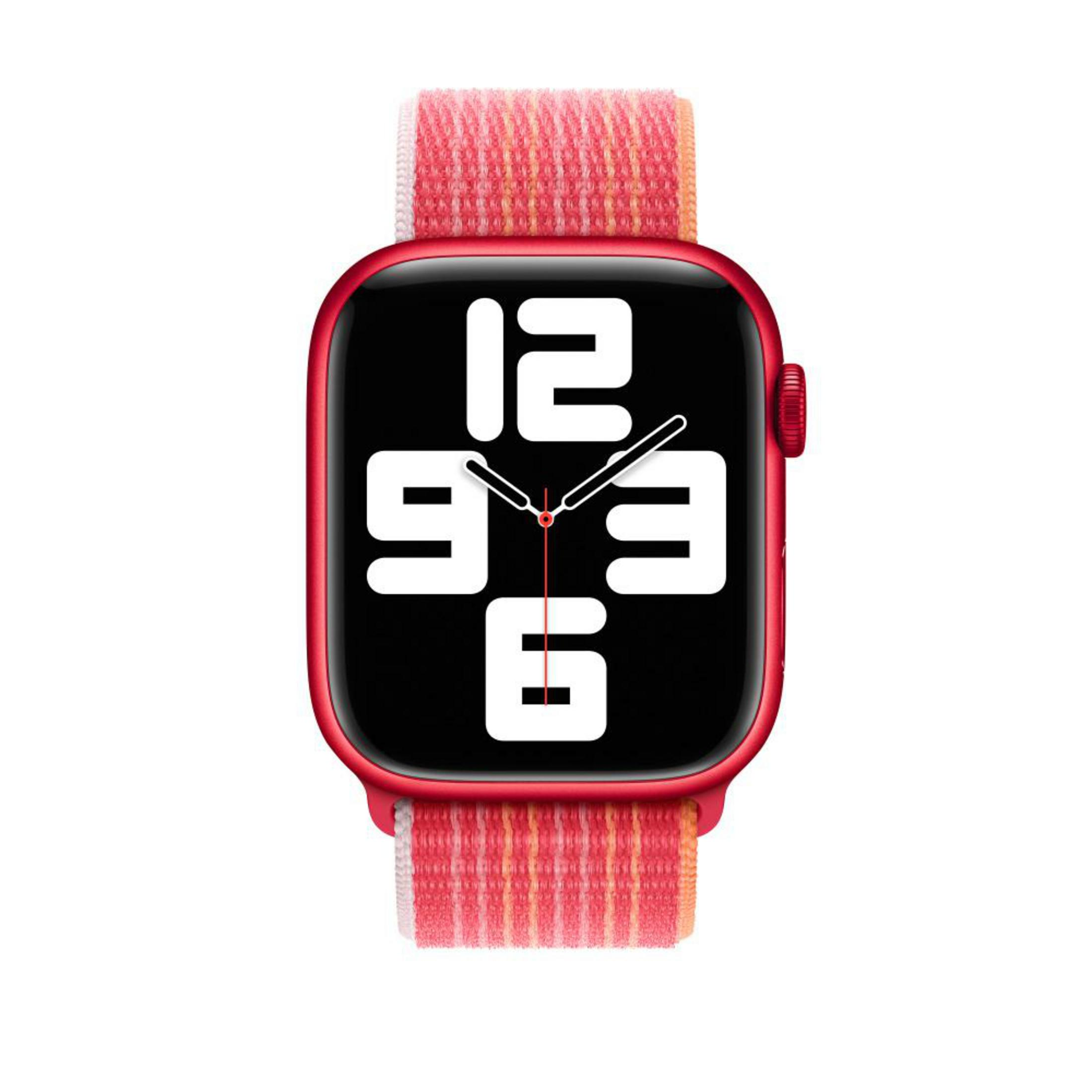 A red Apple watch with a red and pink fabric band. The time is 12:36.