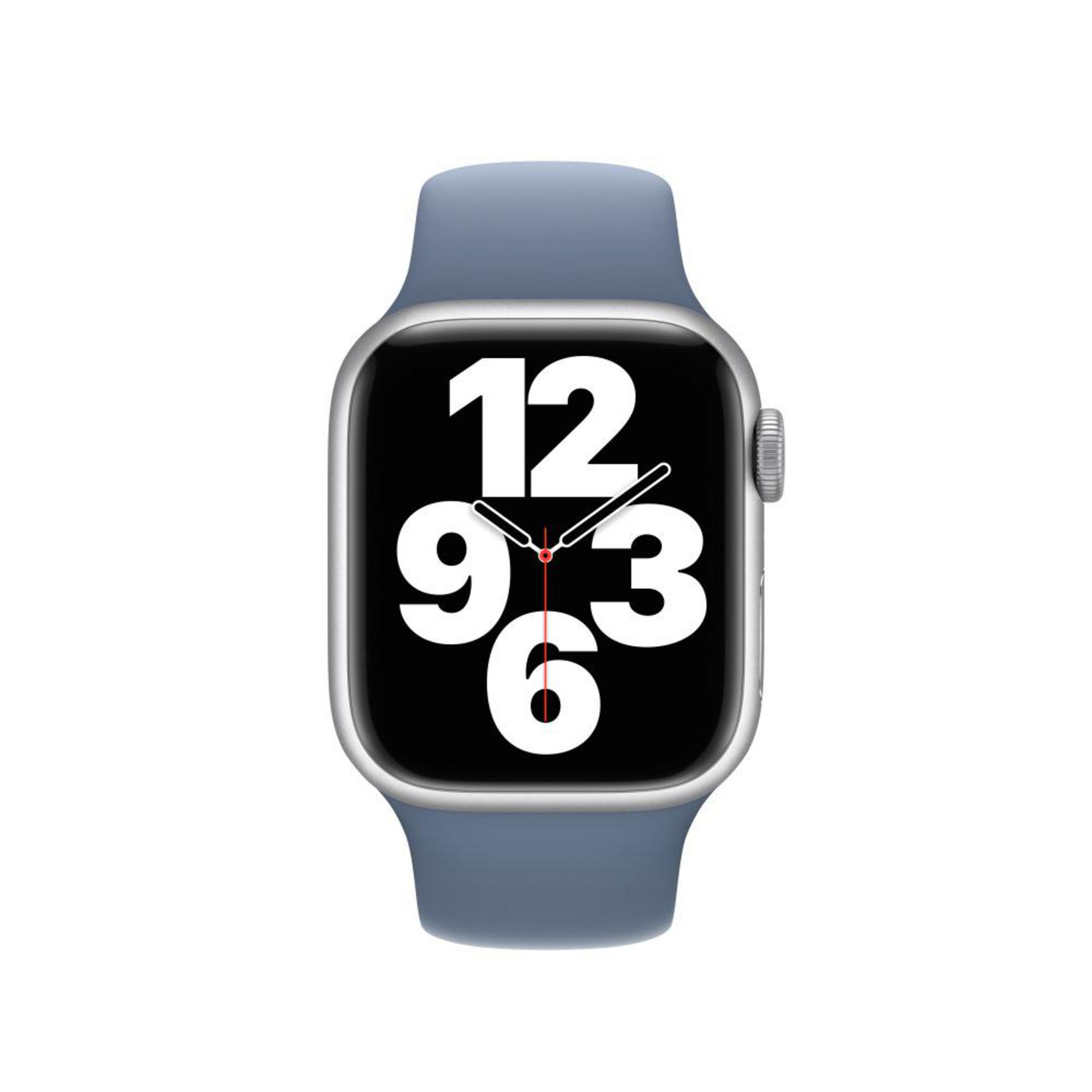 Apple Watch Series SE met een blauwe band, met de tijd 12:03:06 op het scherm.