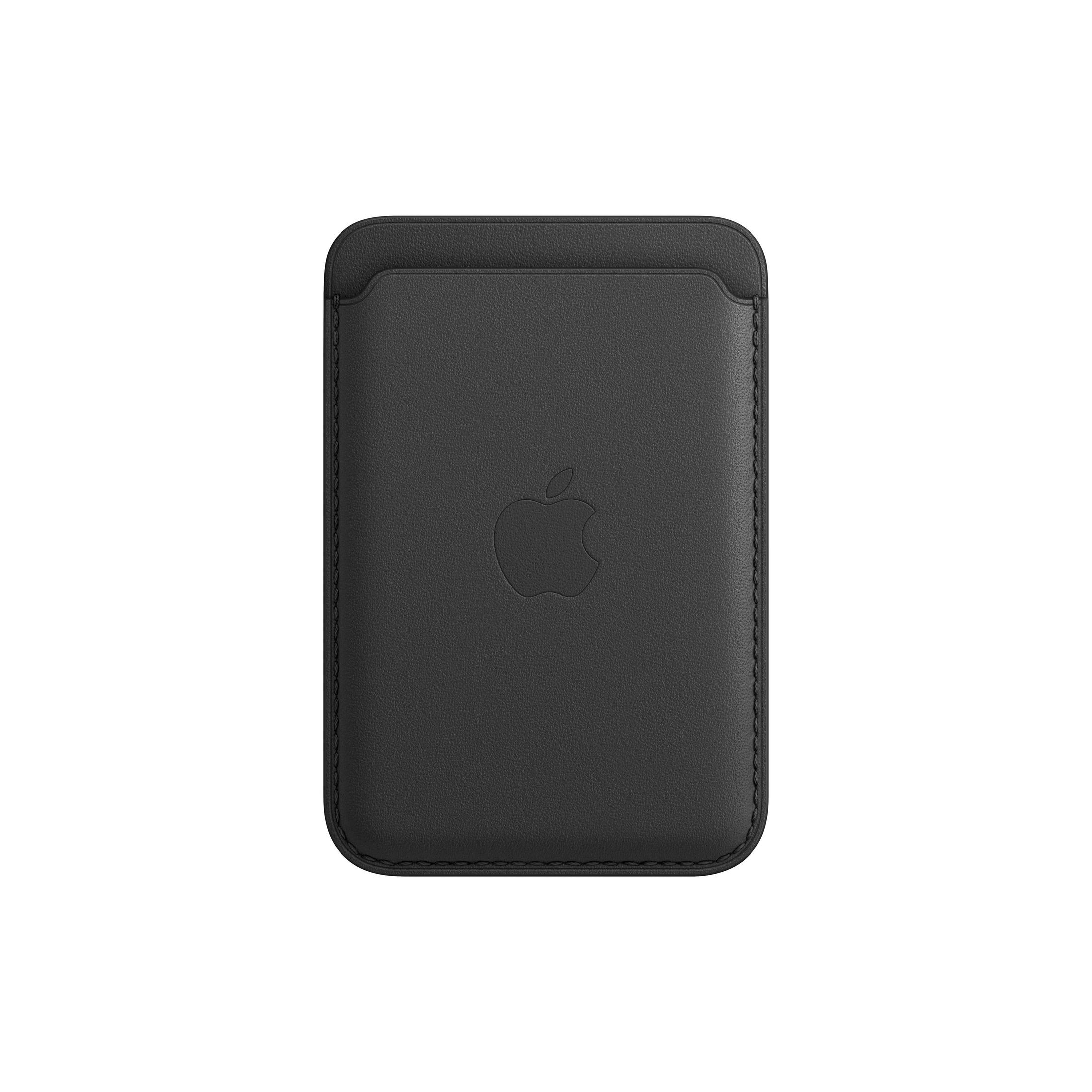 Eine schwarze Apple MagSafe Ledergeldbörse mit geprägtem Apple-Logo auf weißem Hintergrund.