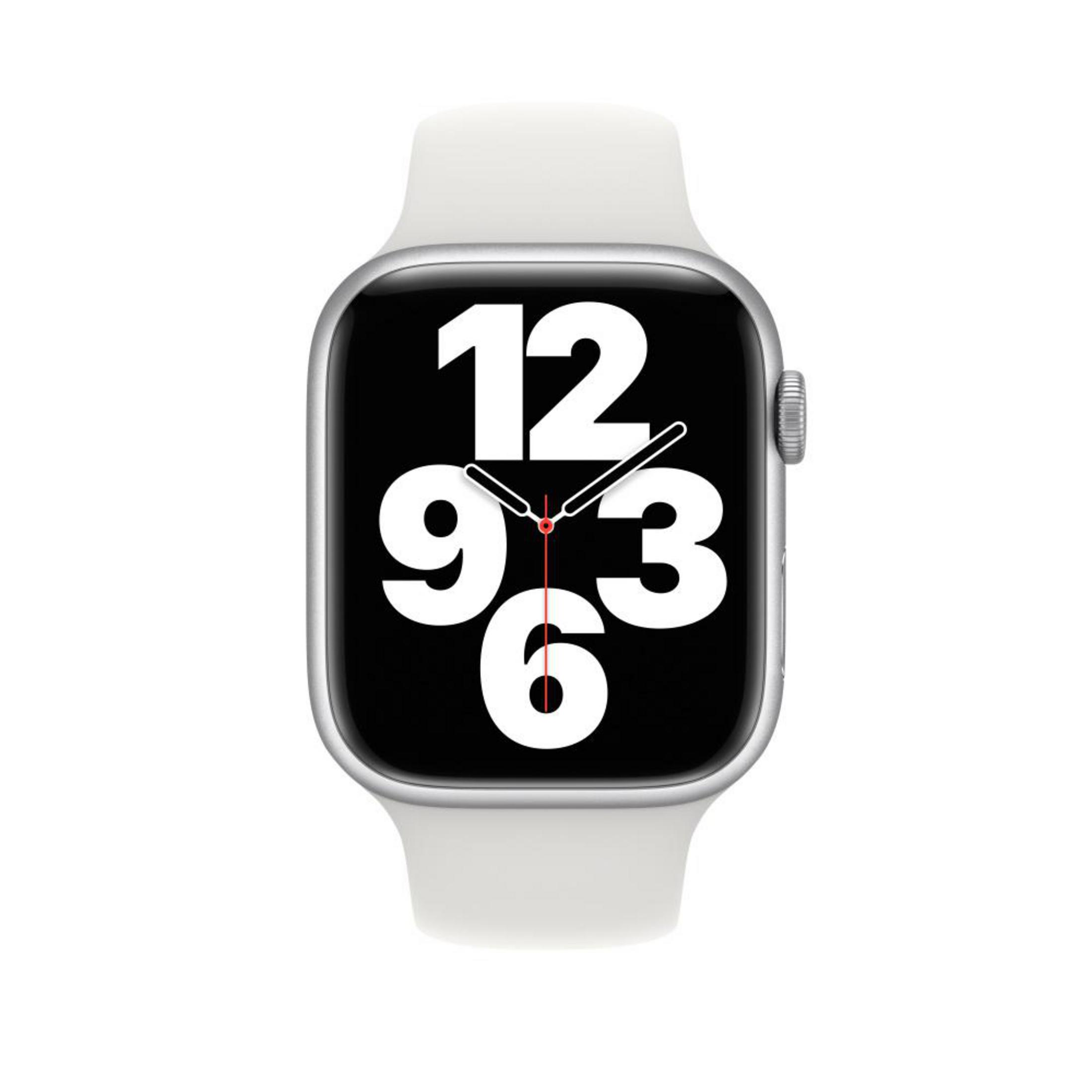 Srebrny Apple Watch z białym paskiem. Wyświetlane duże cyfry 12, 9, 6, 3.