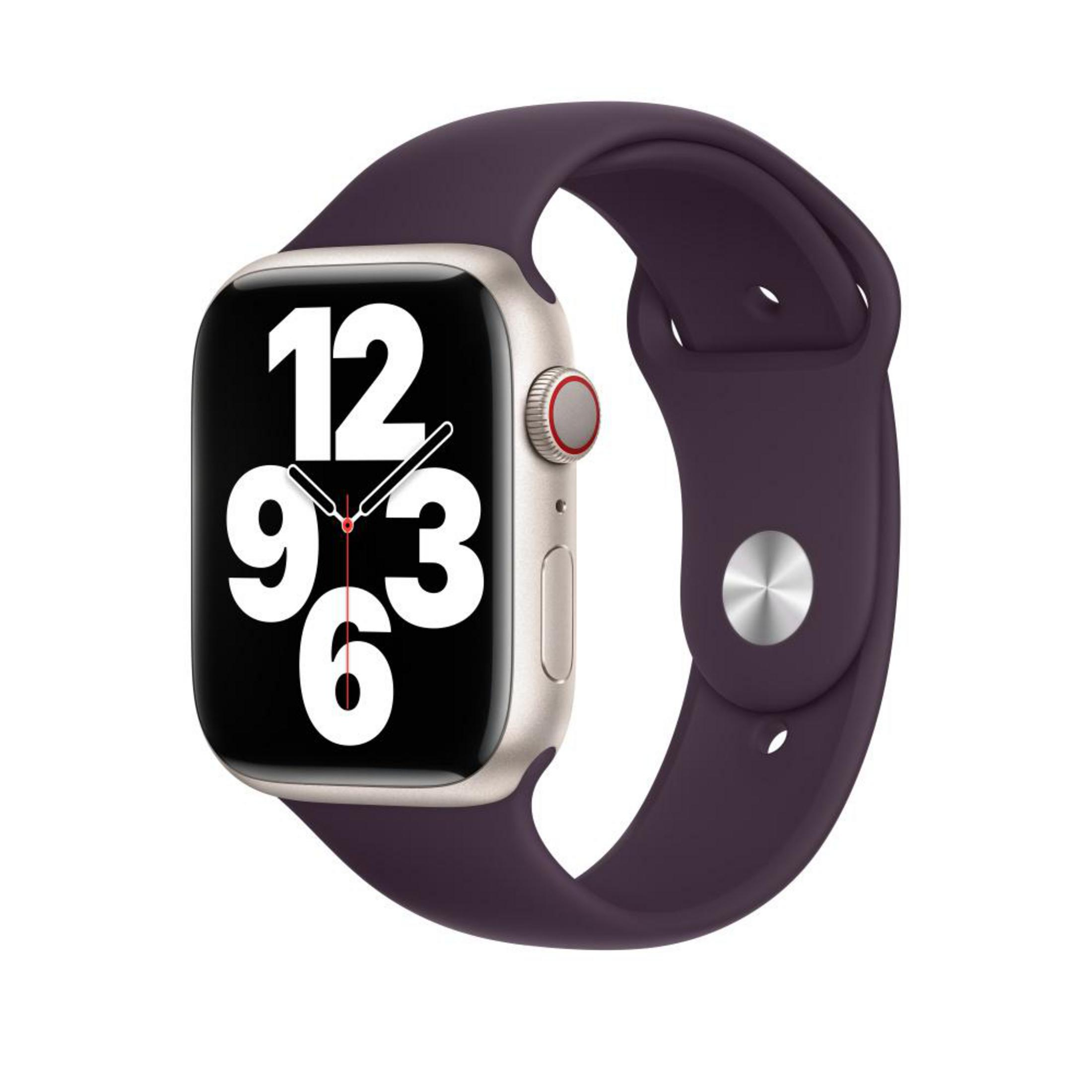 A smartwatch with a purple band and a white face showing the time.