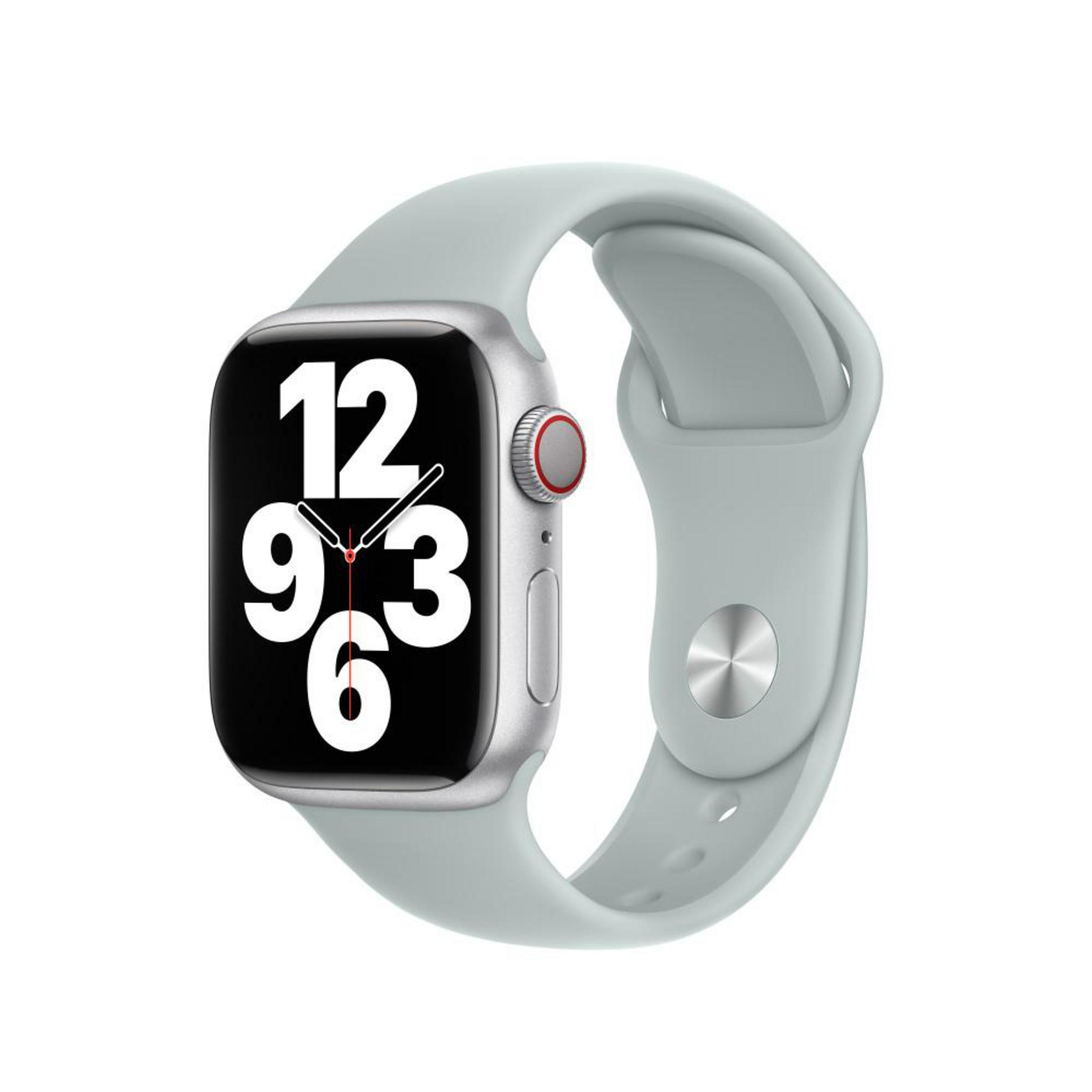 Silver Apple Watch with a light grey band, showing the time. The watch is on a white background.
