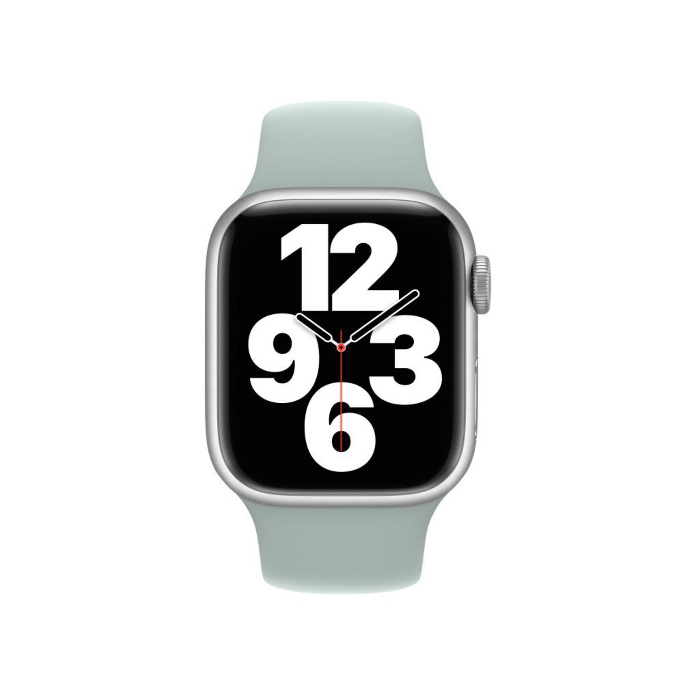 A silver Apple Watch with a light blue band, displaying the time.