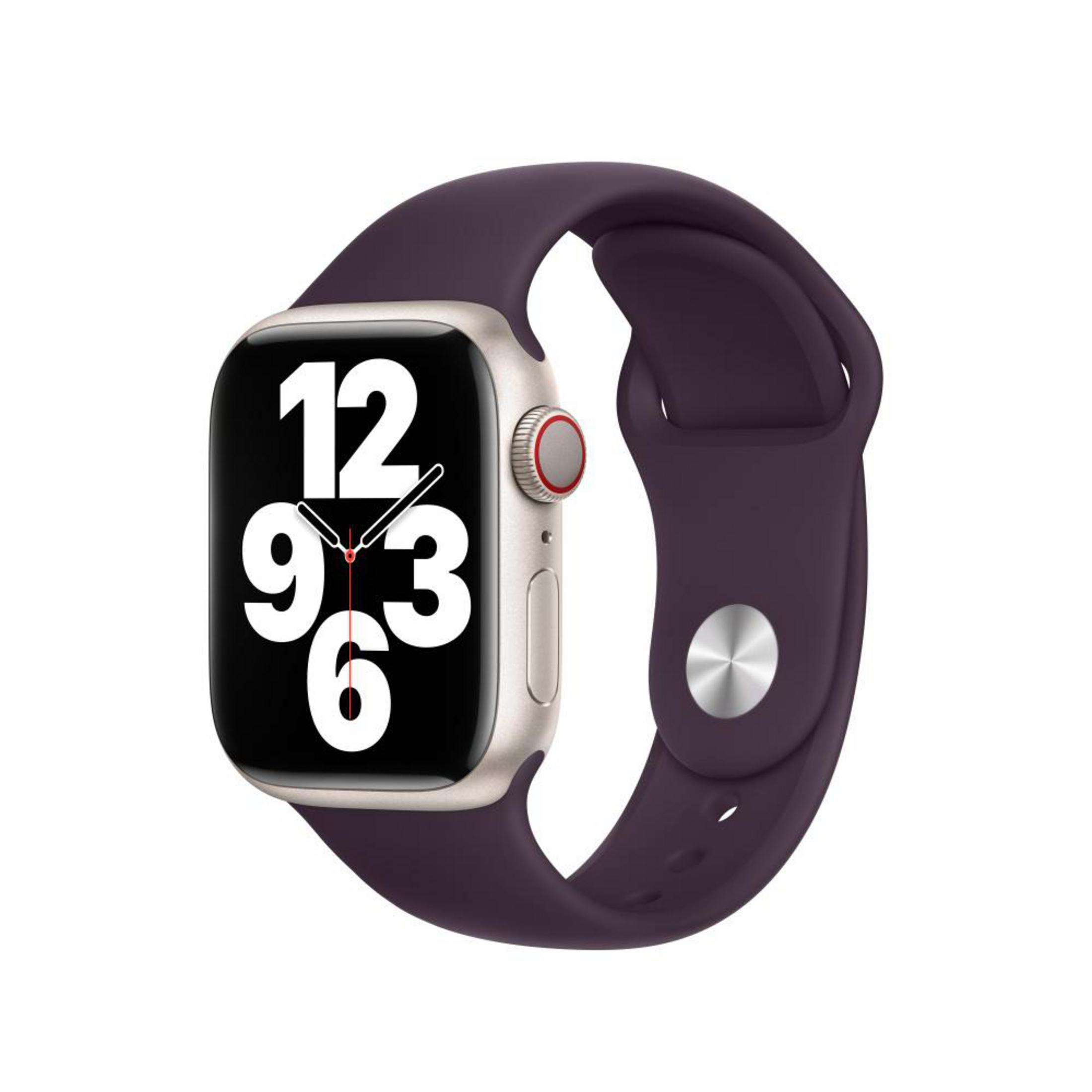 Apple Watch with a purple band.