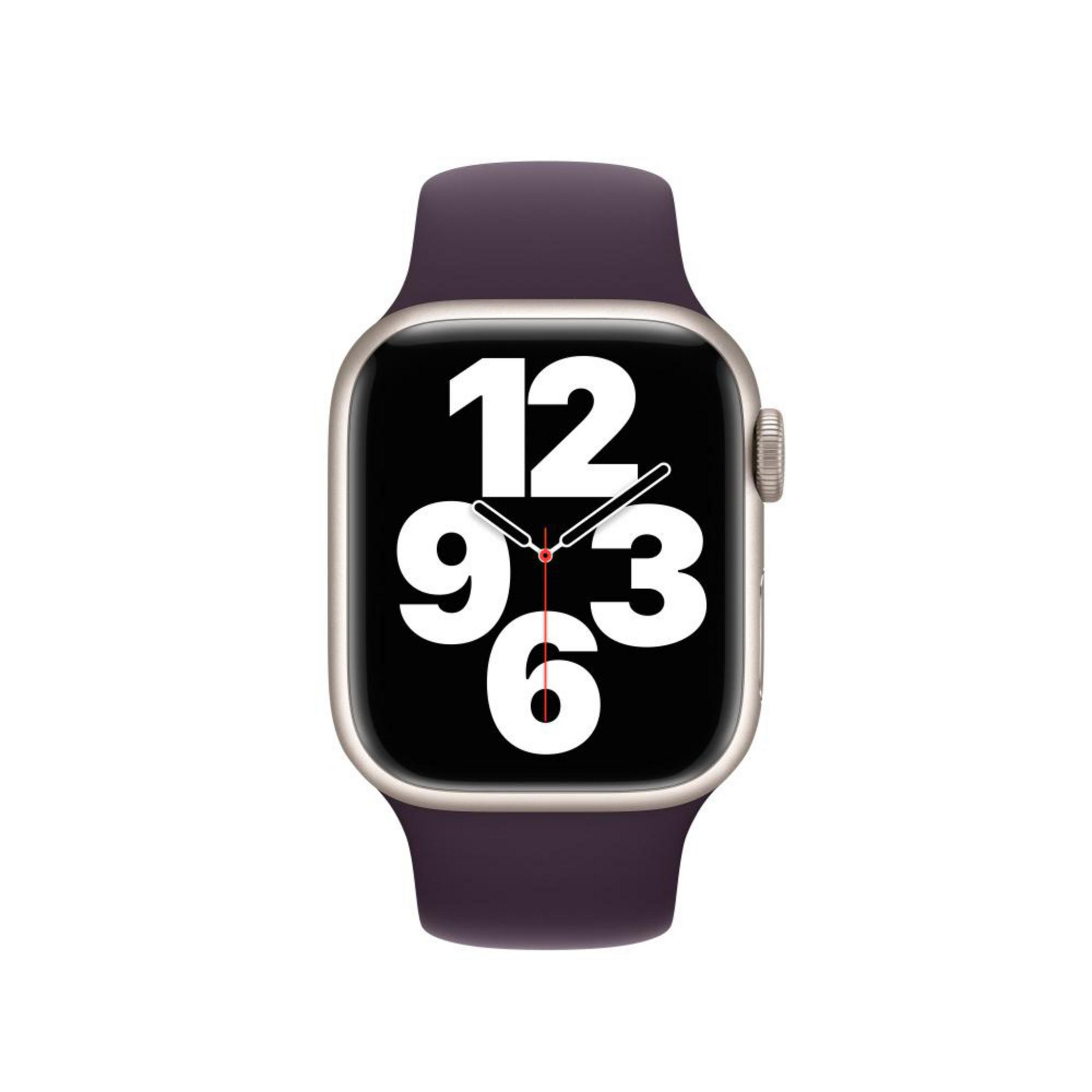 Apple watch with a dark purple band, gold case, and a black screen.