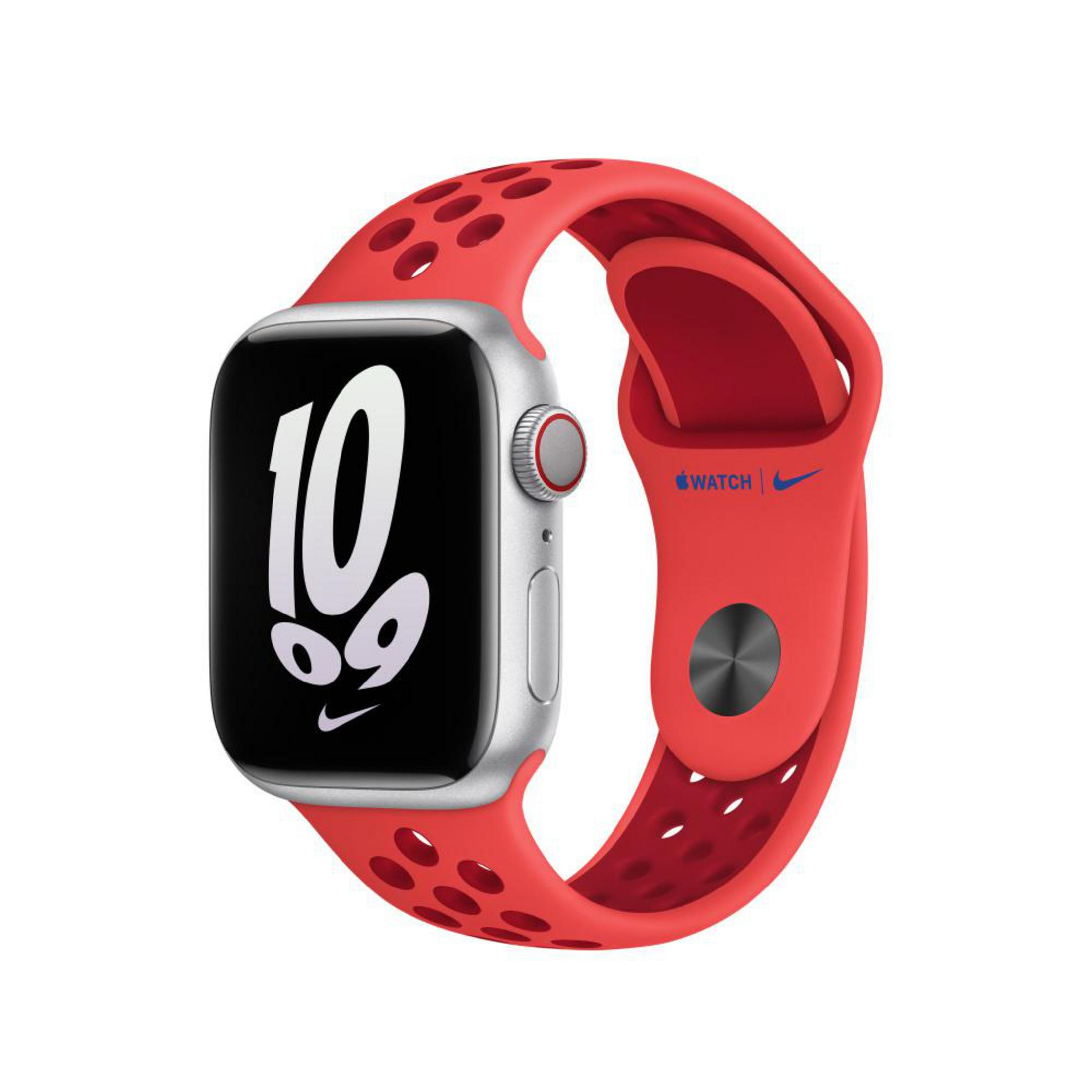 Apple Watch avec bracelet rouge, écran noir et le chiffre 10.