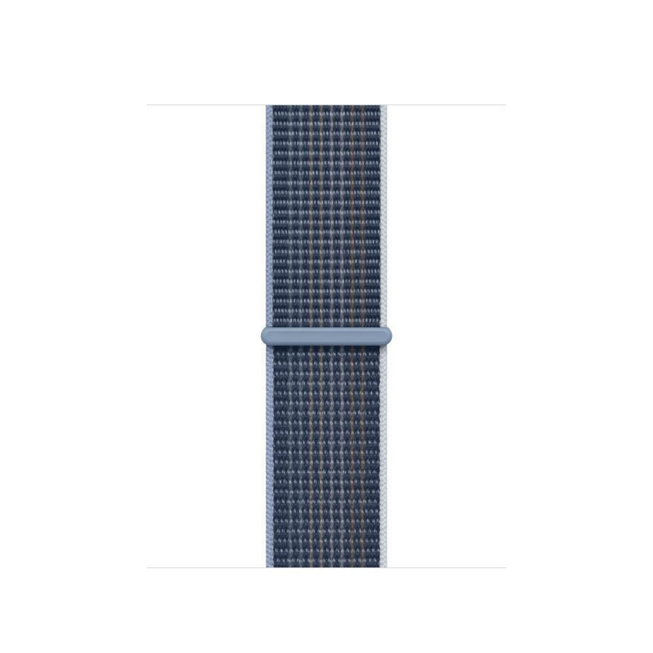 Striped Apple Watch band, blue and gray. The band has a silver clasp. It is on a white background.