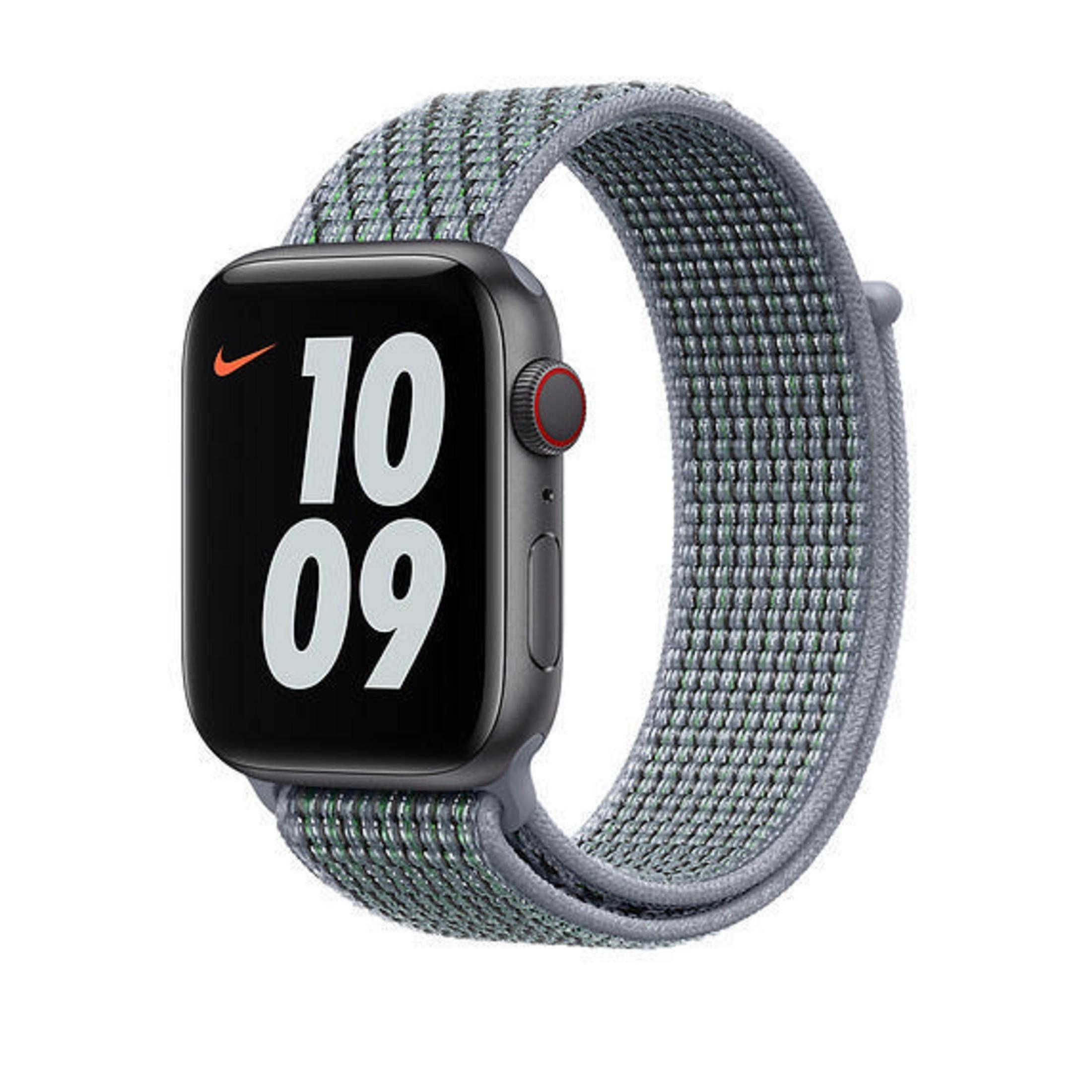 Black Apple Watch with green and gray band, displaying time 10:09.