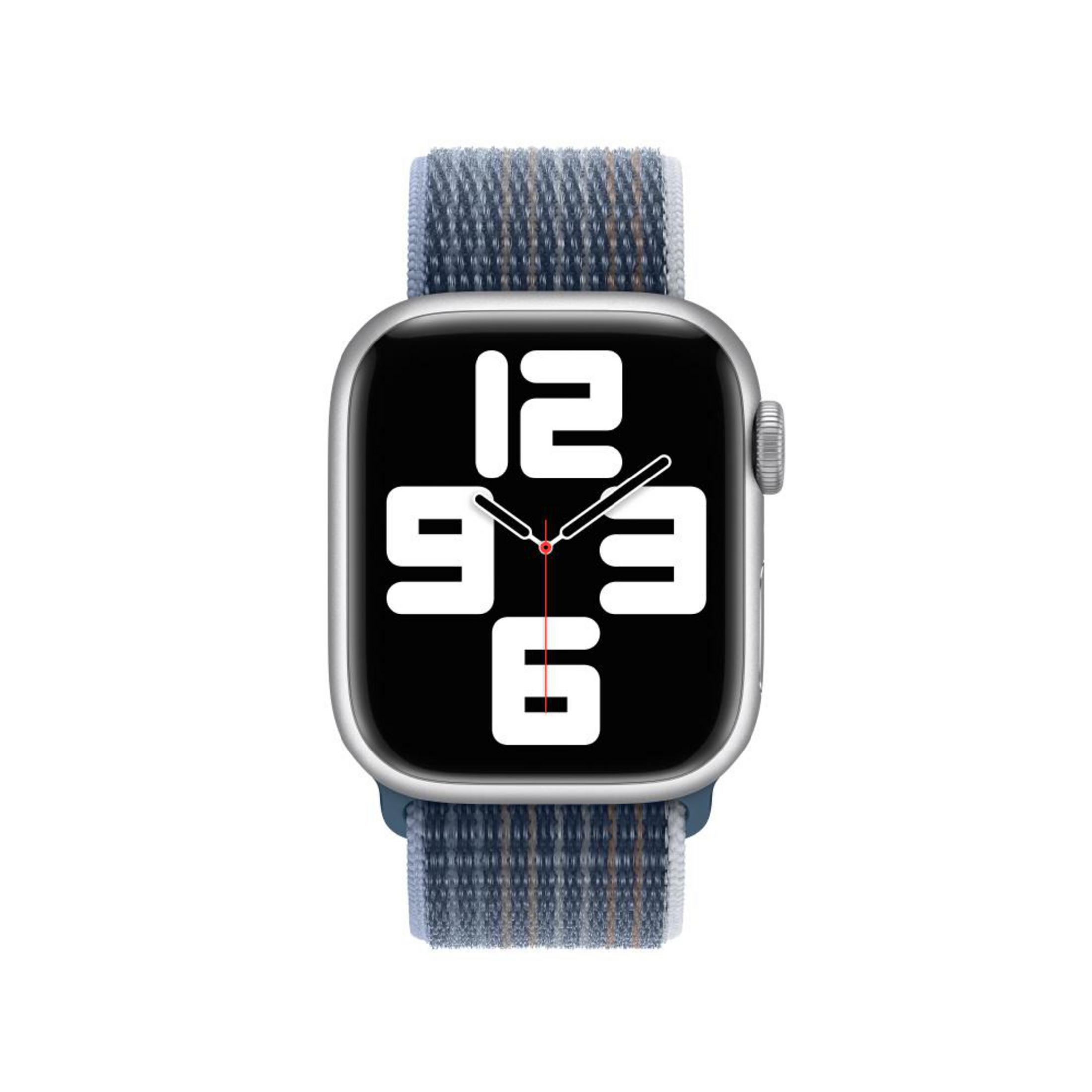 Apple Watch with a black screen, showing the time 12:09:03, on a blue band.