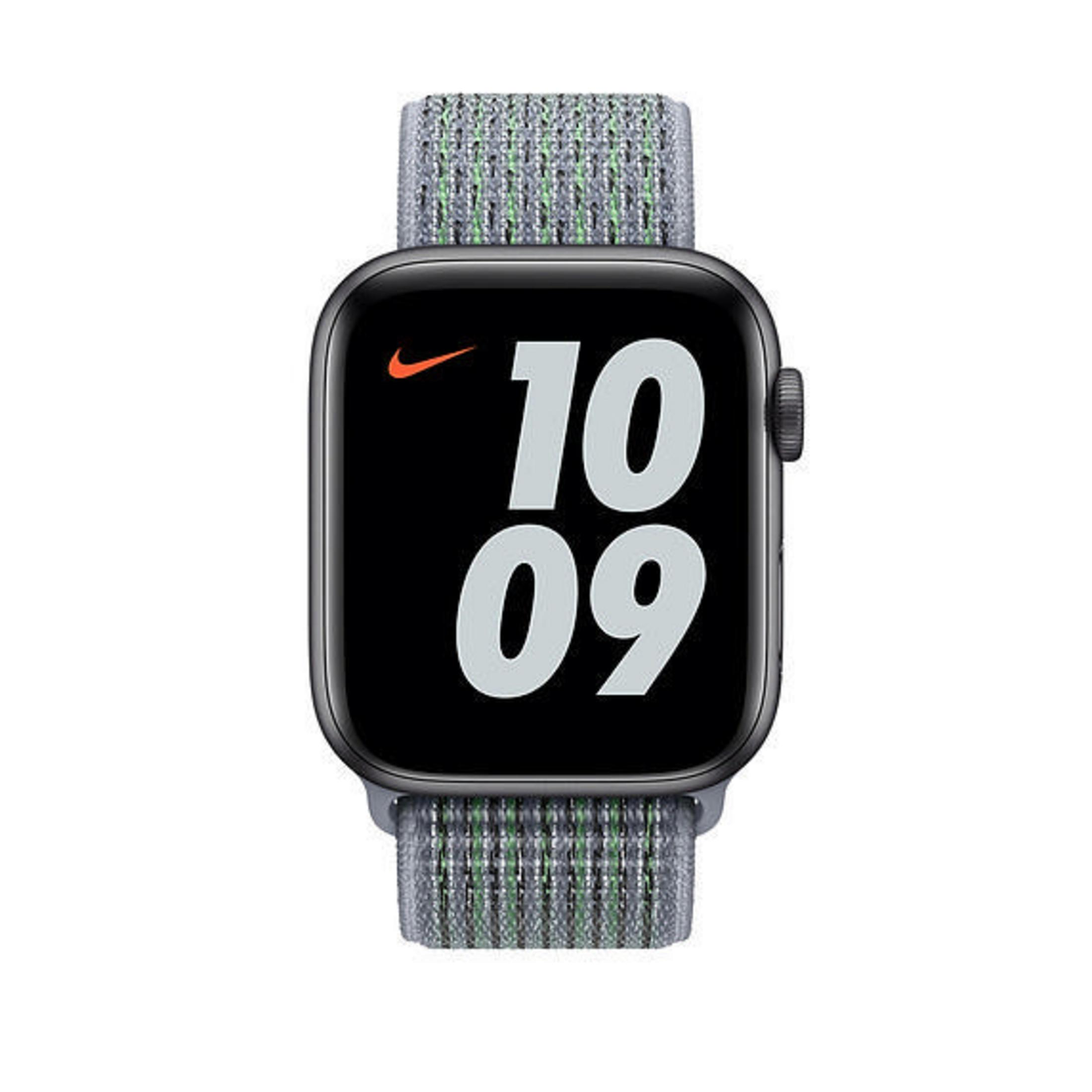 A black Apple Watch with a gray and green watch band displays the time 10:09.
