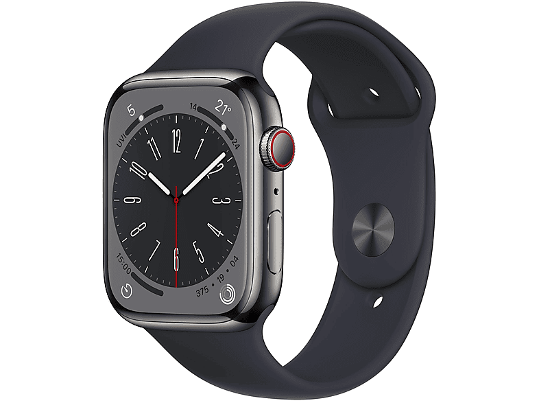 APPLE S8 GPS+CEL 45 GRAP STAINL ST W MIDN SPORT REG Smartwatch Edelstahl Fluorelastomer, 140 - 220 mm, Armband: Mitternacht, Gehäuse: Graphit