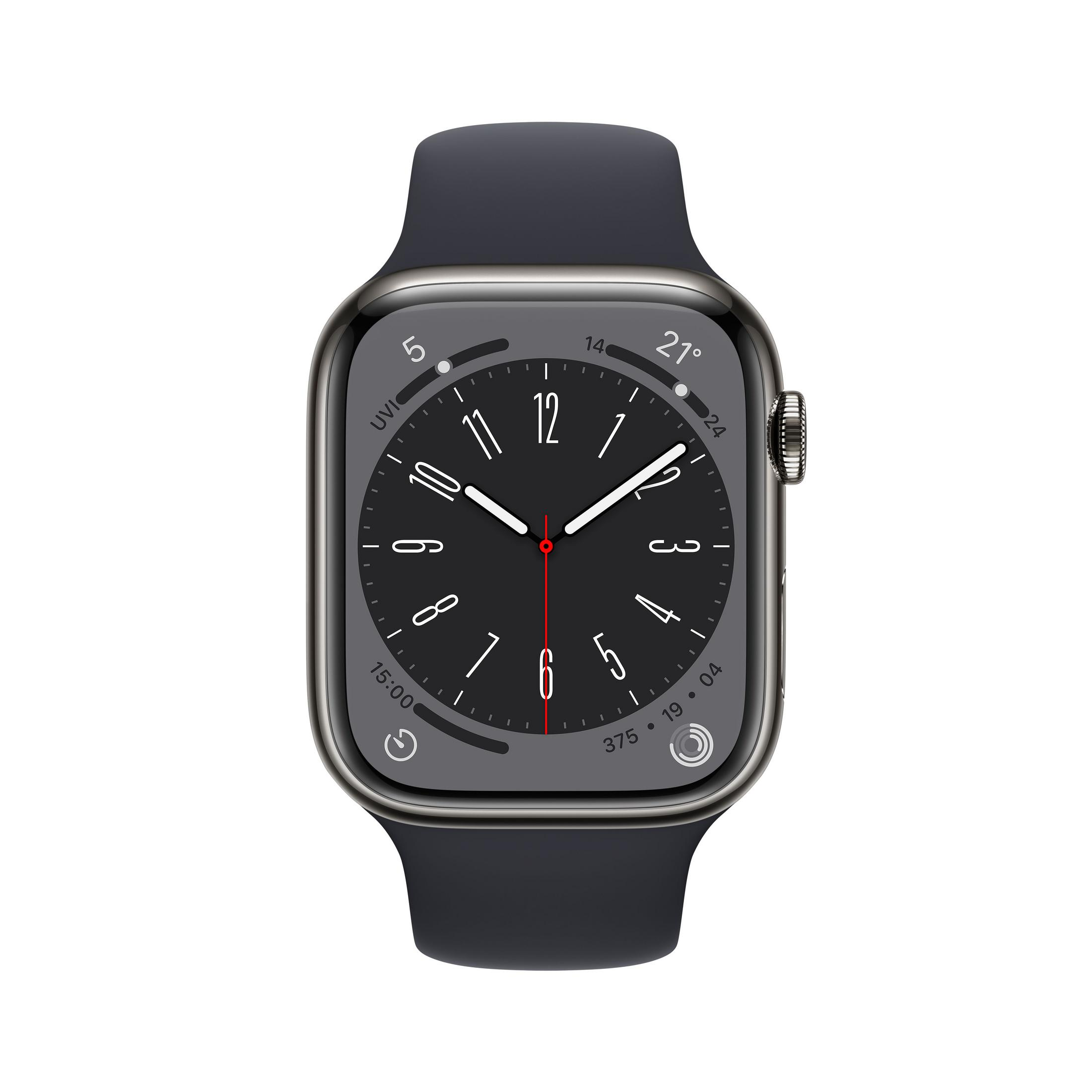 Eine schwarze Smartwatch mit dunklem Armband, zeigt die Uhrzeit auf dem Bildschirm.