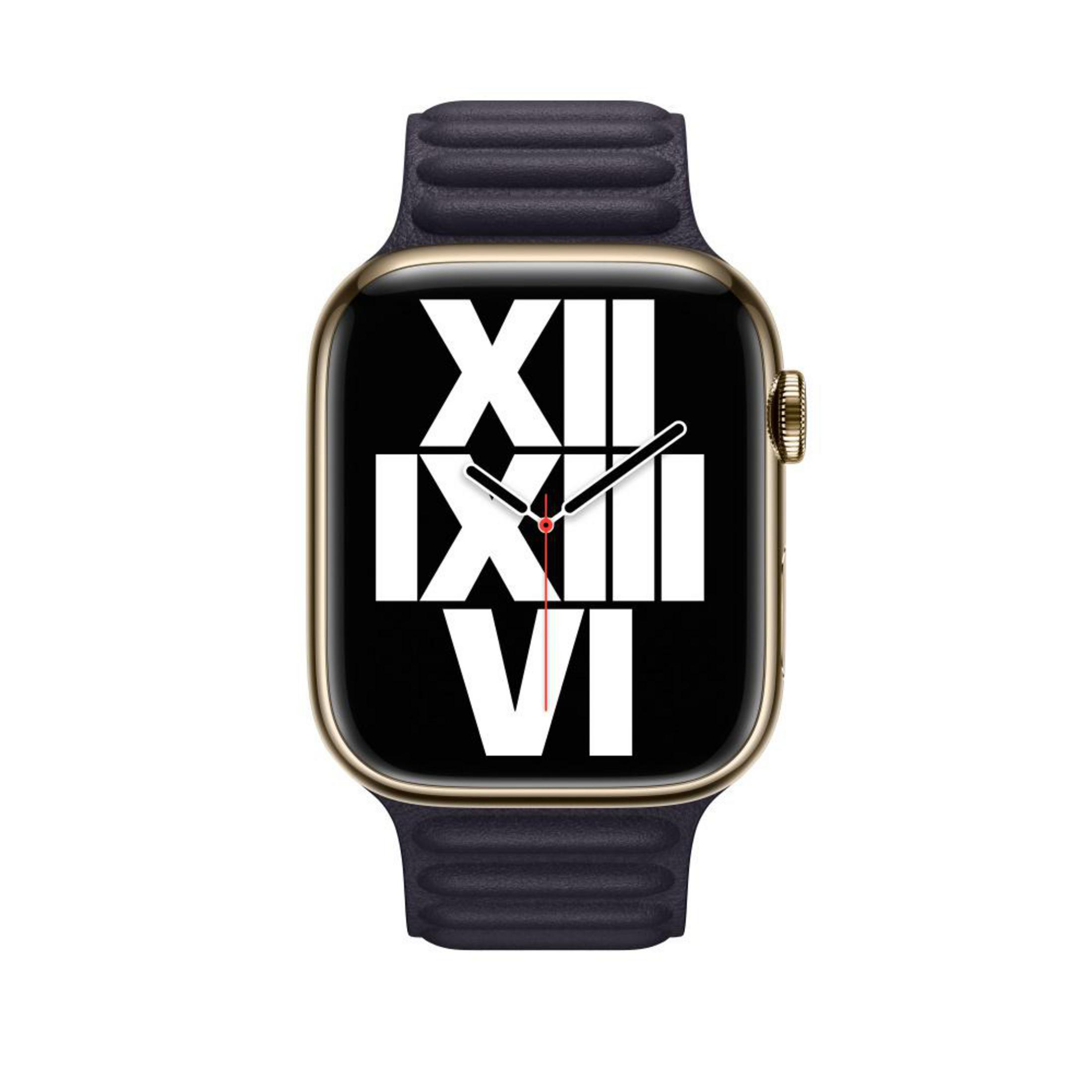 A gold Apple Watch with a dark blue band. The watch face has Roman numerals.