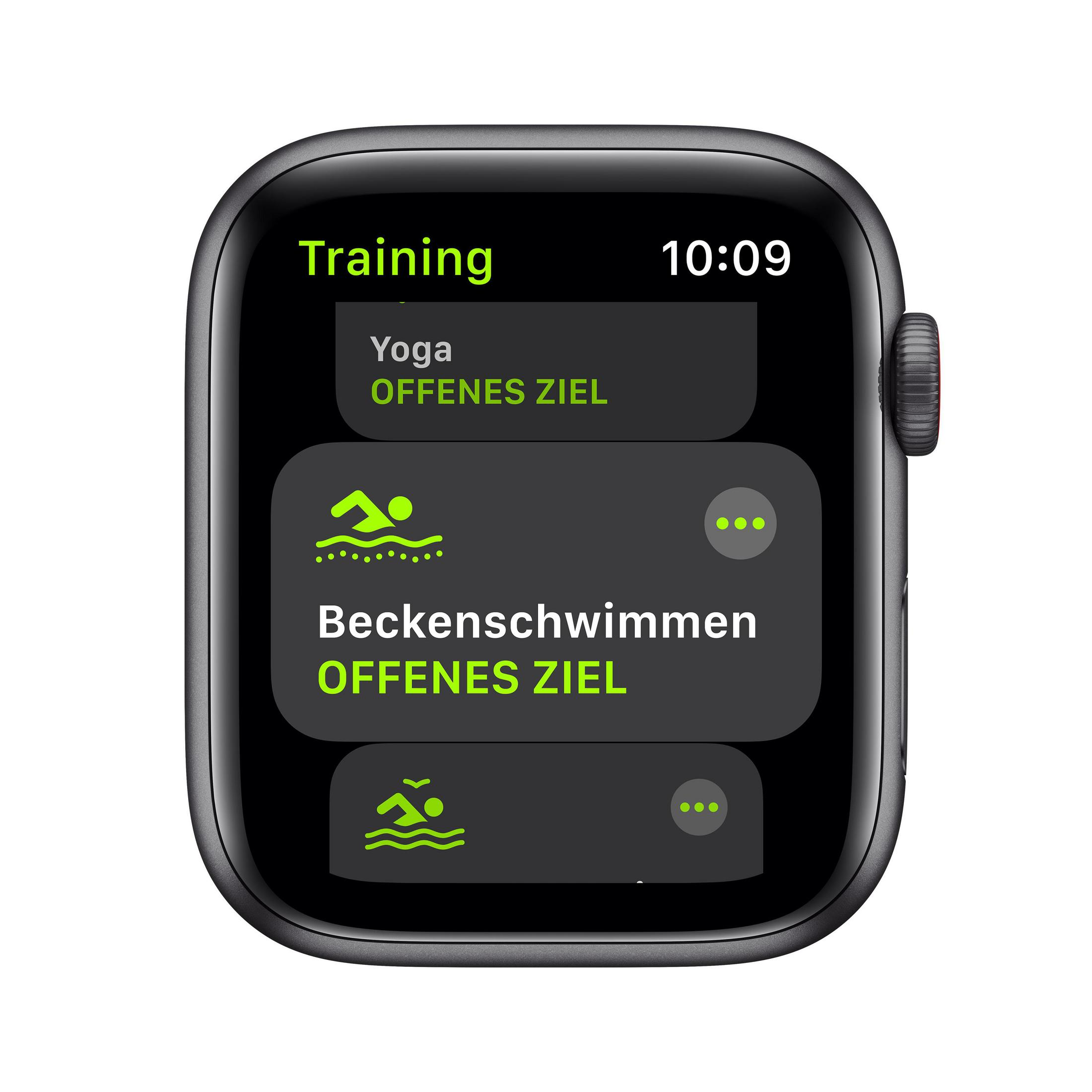 Apple Watch-Bildschirm mit Trainingsoptionen für Yoga, Schwimmen und andere Aktivitäten.