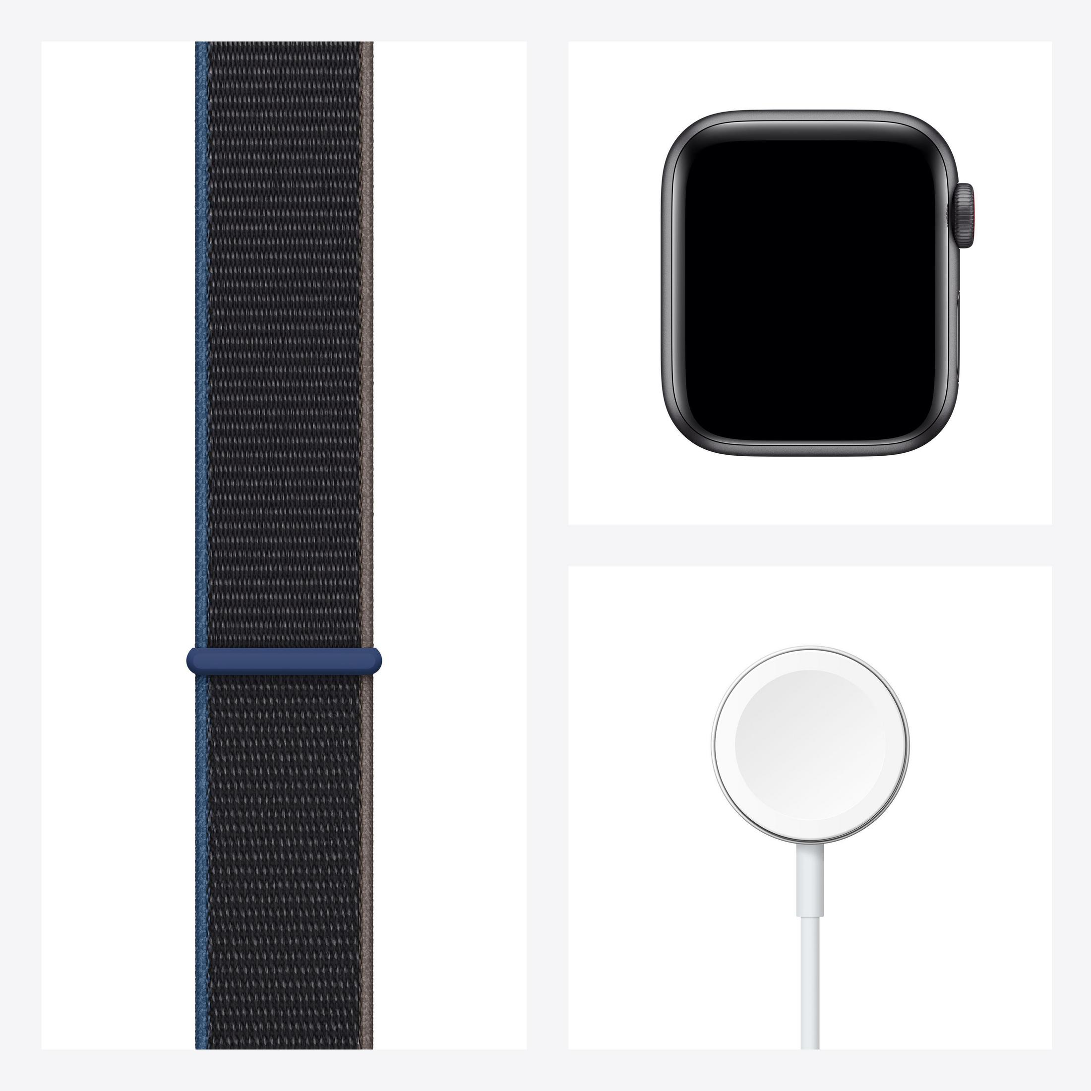 Apple Watch-Komponenten: ein Uhrenarmband, das Zifferblatt und ein Ladepuck.
