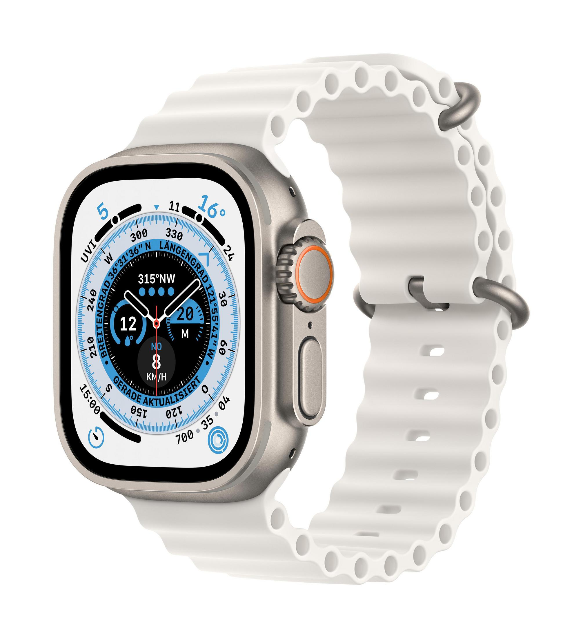 APPLE ULTRA GPS+CEL Gehäuse: 200 mm, W WHITE Elastomer, OCEAN Armband: Smartwatch Weiß, TITANIUM 49 - Titan 130 Titan