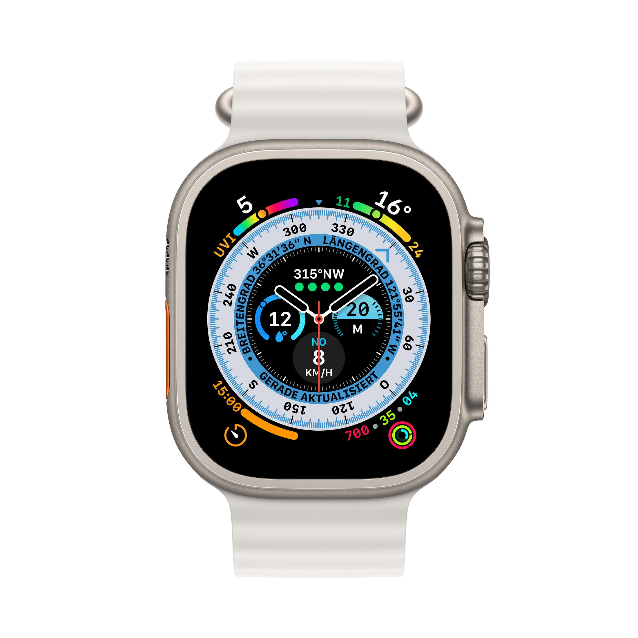 Apple Watch Ultra mit weißem Armband, zeigt Zeit und Daten auf dem Zifferblatt.