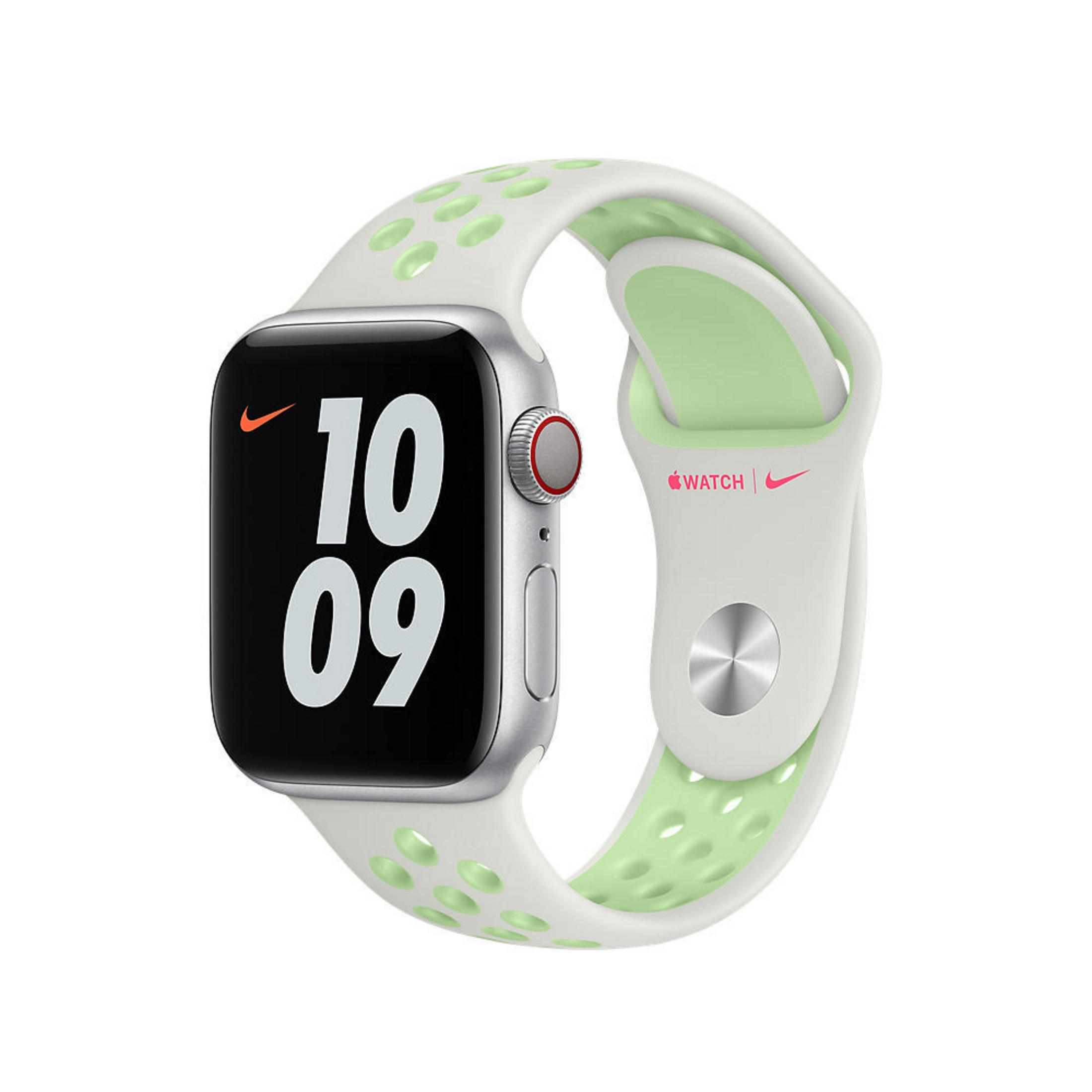 Silver watch with a white and green band. The screen shows 10:09.