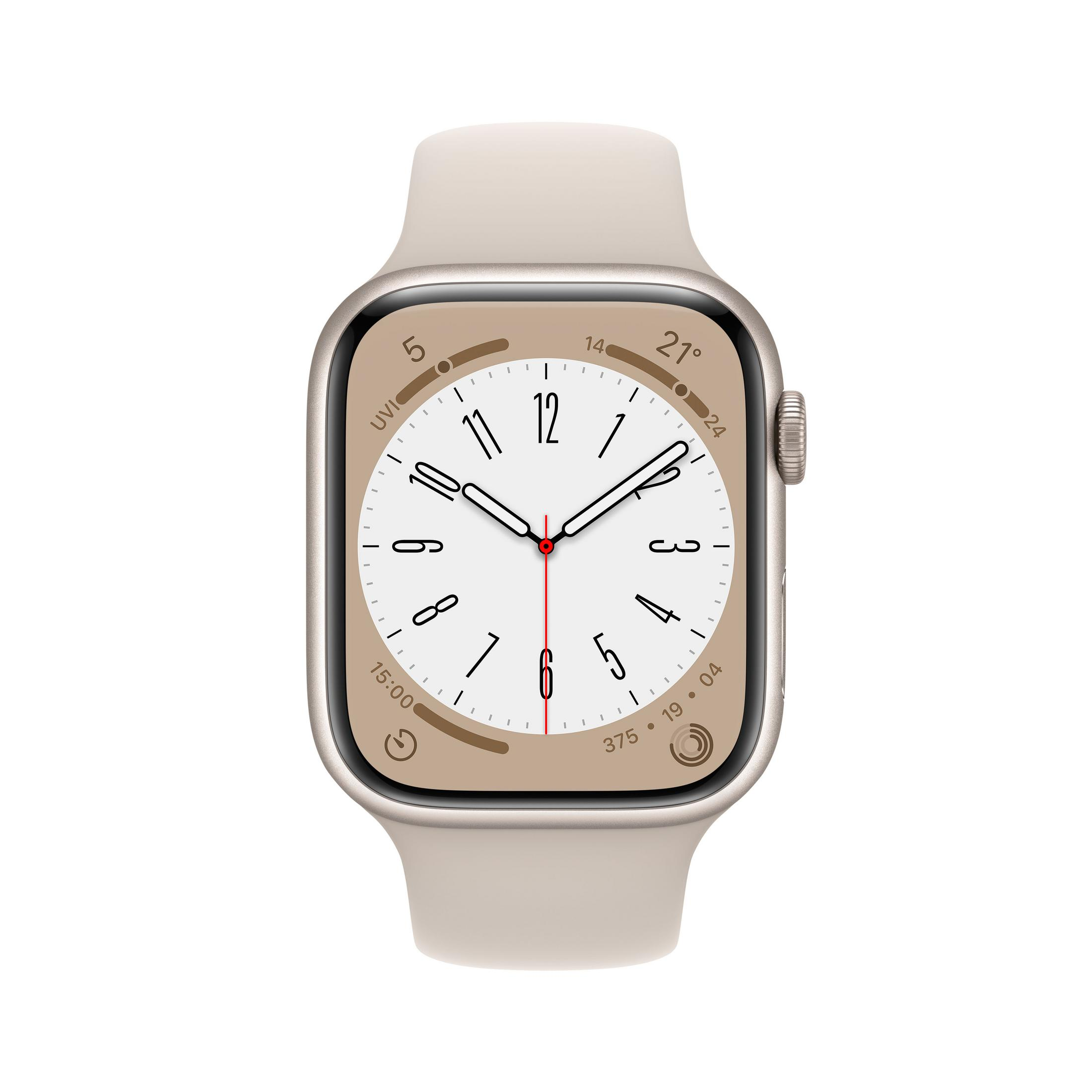 Eine Apple Watch mit beigem Gehäuse und Armband. Das Zifferblatt zeigt die Uhrzeit an.