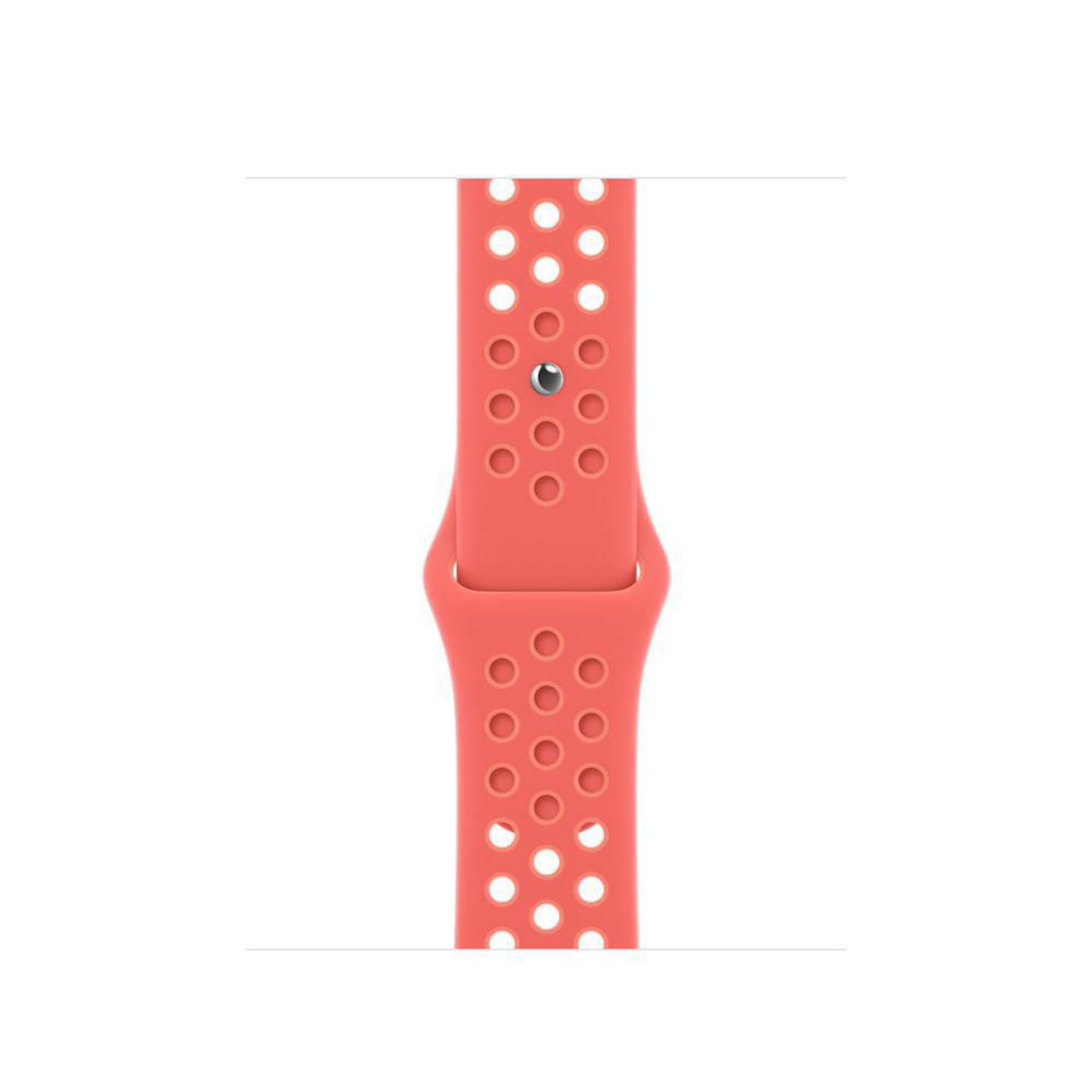 Coral watch band with holes. The band has two pieces and a white background.