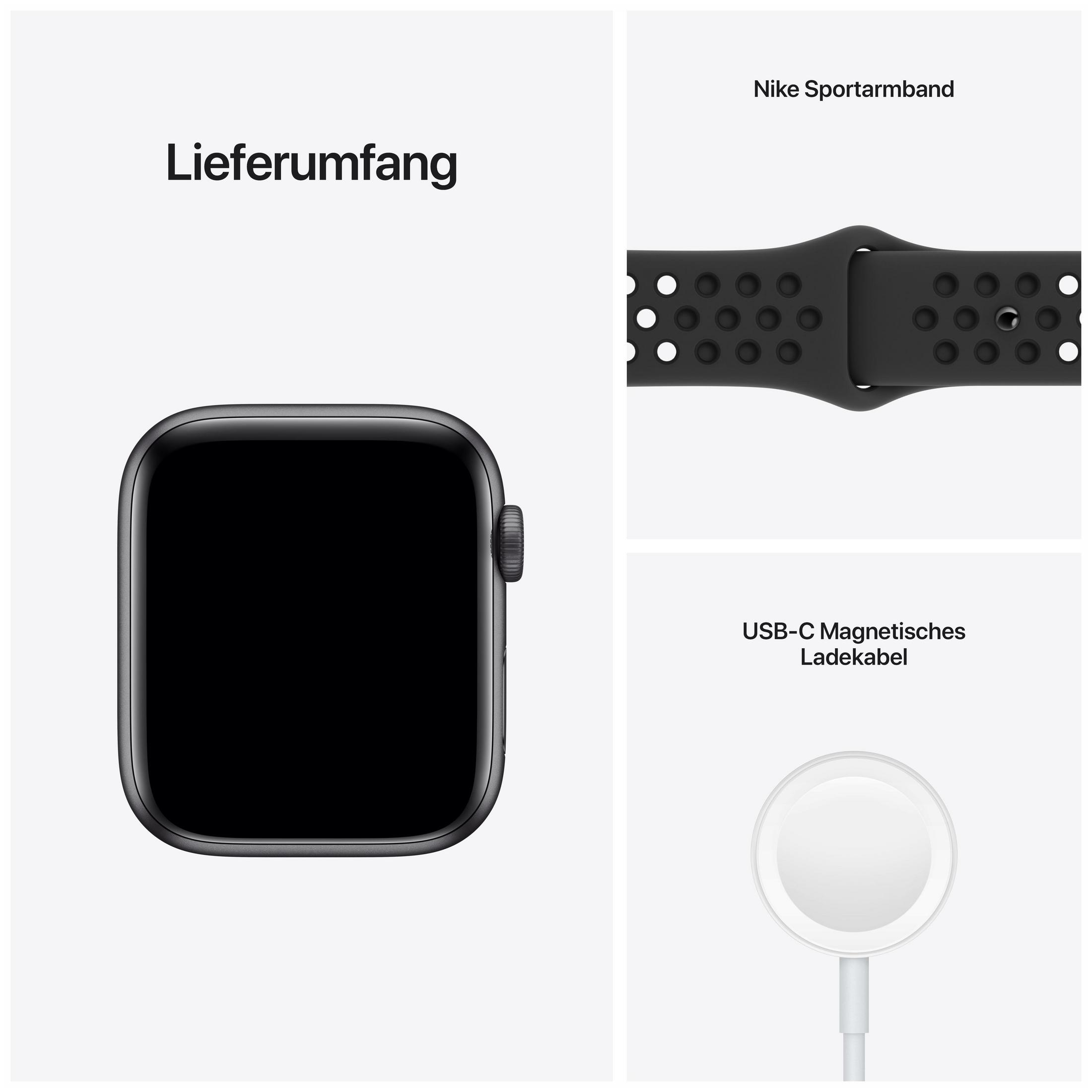 Apple Watch, schwarzes Sportarmband und Ladekabel. Die Uhr ist schwarz. Das Armband ist schwarz und hat Löcher.