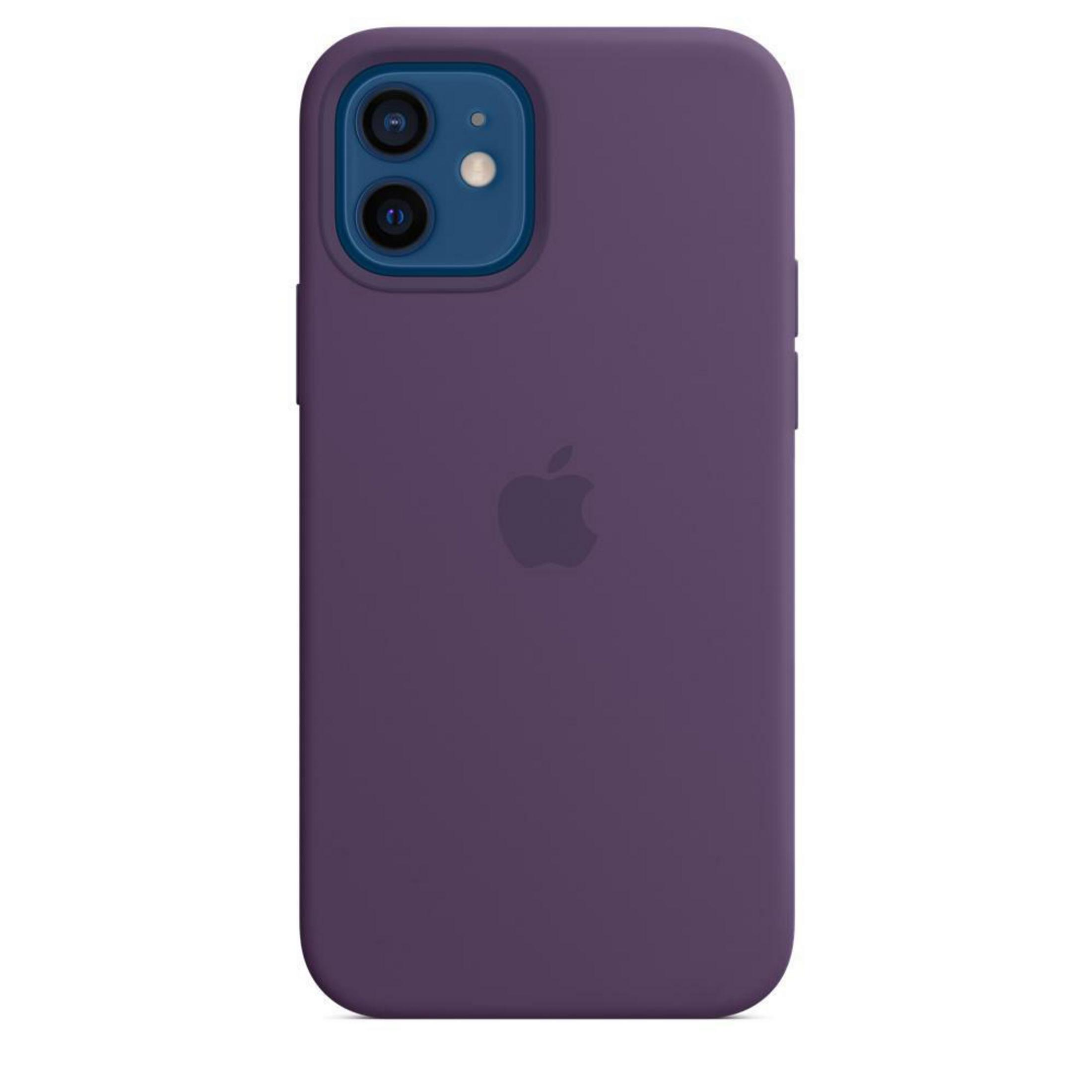 Lila iPhone 12 Hülle. Apple Logo auf der Rückseite. Dual-Kameraausschnitt.