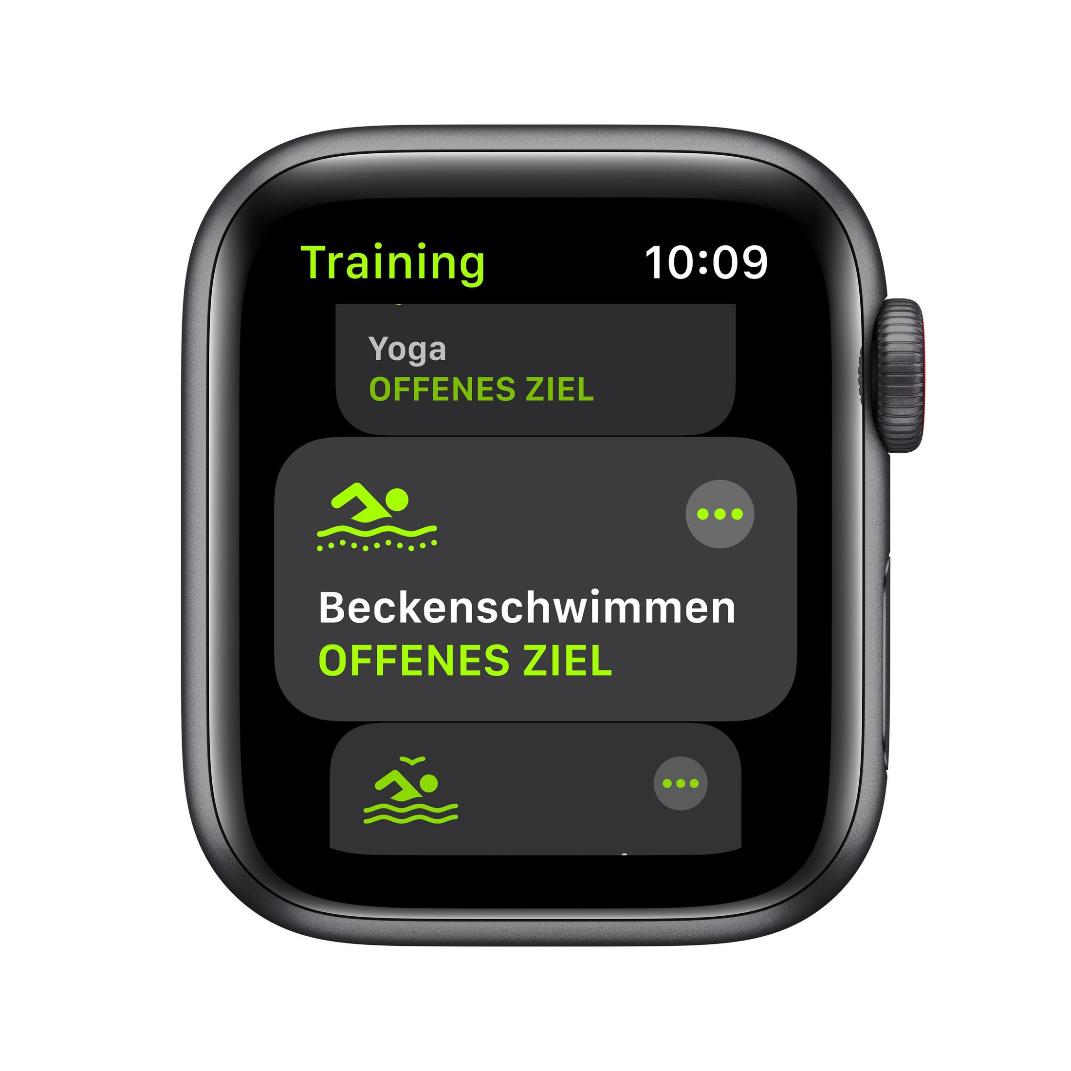 Smartwatch-Bildschirm mit Yoga, Schwimmen und anderen Aktivitäten. Die Anzeige ist schwarz und weiß.