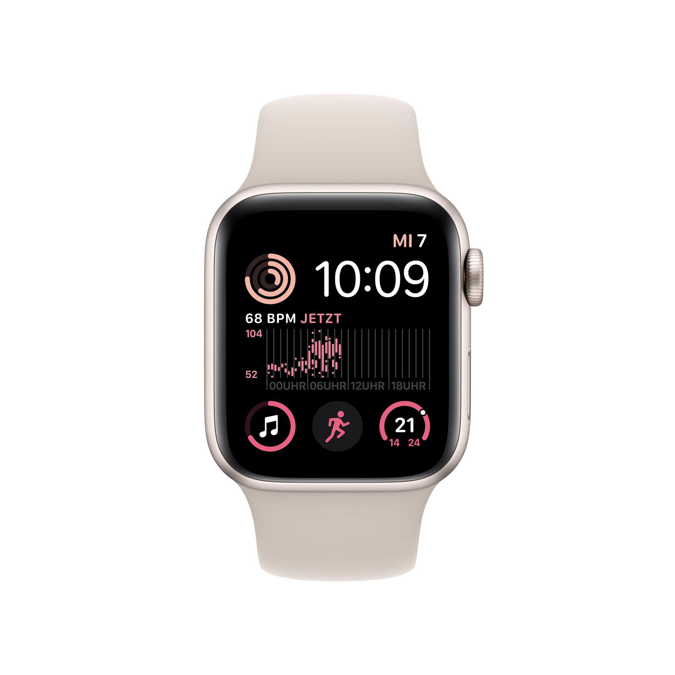 Eine beige Apple Watch mit schwarzem Bildschirm, der Zeit und Gesundheitsmetriken anzeigt, und einem beigen Armband.