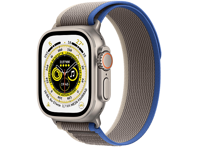 APPLE ULTRA GPS+CEL 49 TIT W BLUE/GRAY TRAIL S/M Smartwatch Titan Nylon/Gewebe, 130 - 180 mm, Blau/Grau