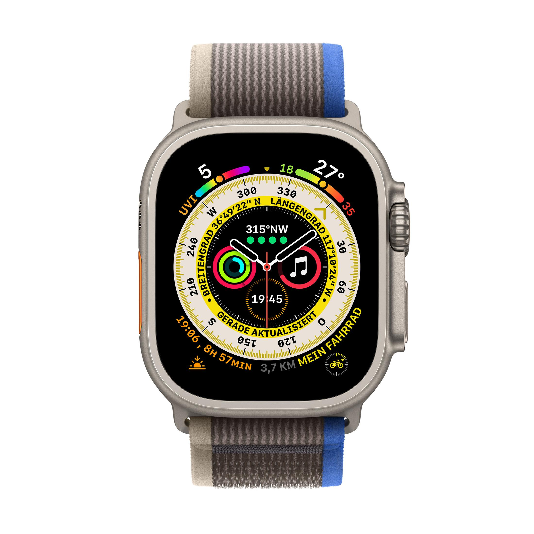 Eine Apple Watch mit schwarzem Bildschirm, der Daten anzeigt, und farbigem Armband.