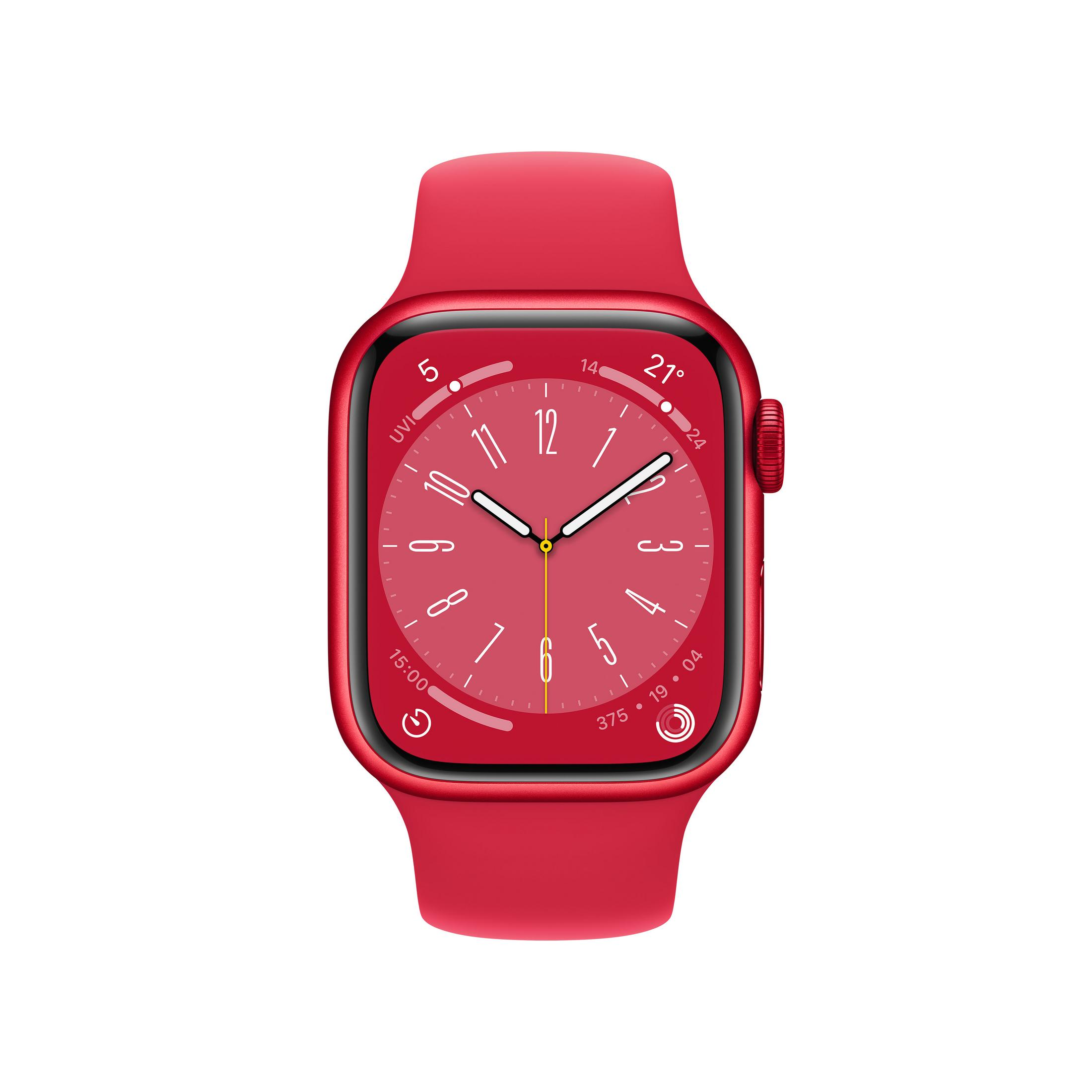 Eine rote Smartwatch mit rotem Armband, die ein Ziffernblatt anzeigt.