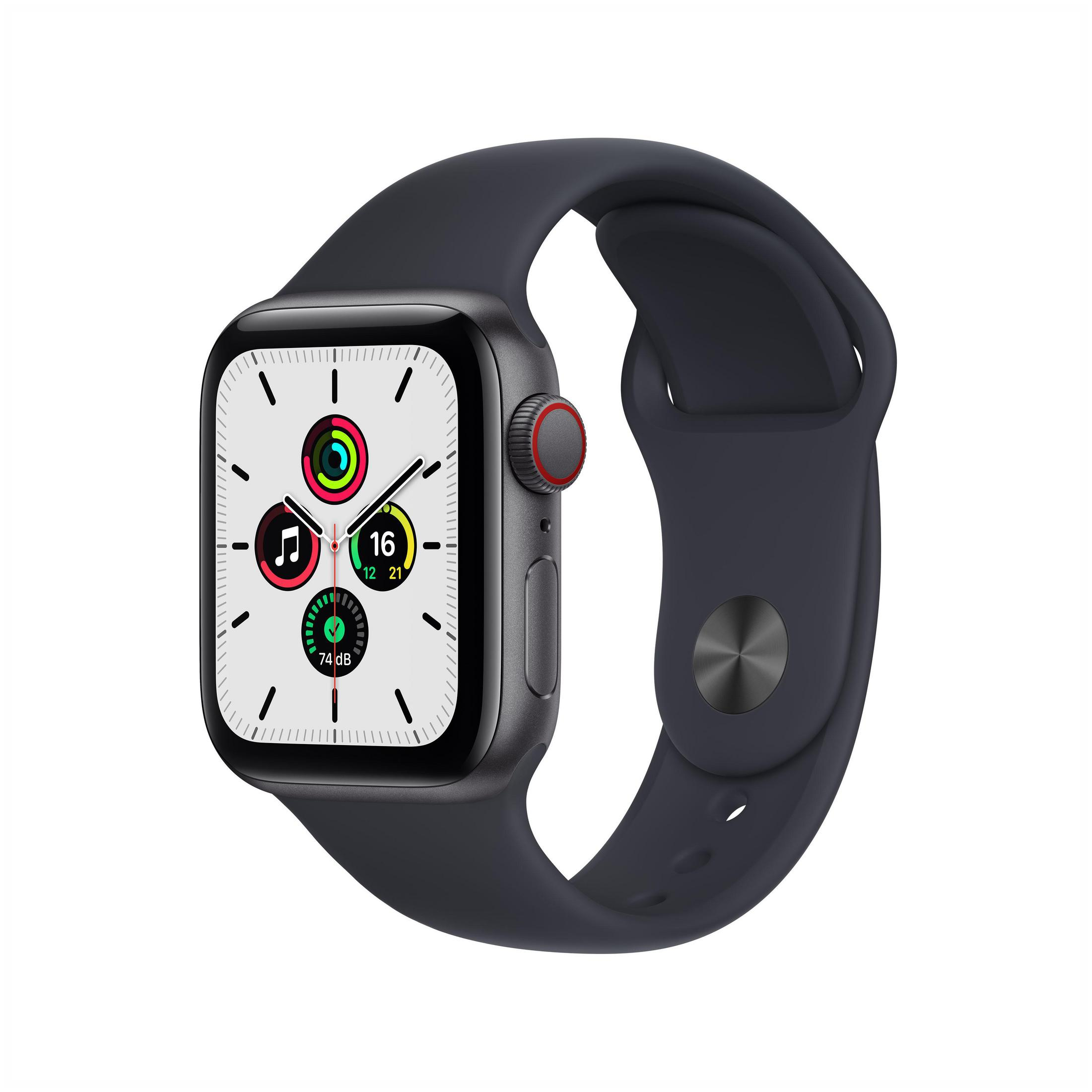 Czarny Apple Watch z czarnym paskiem. Zegarek jest wyśrodkowany.