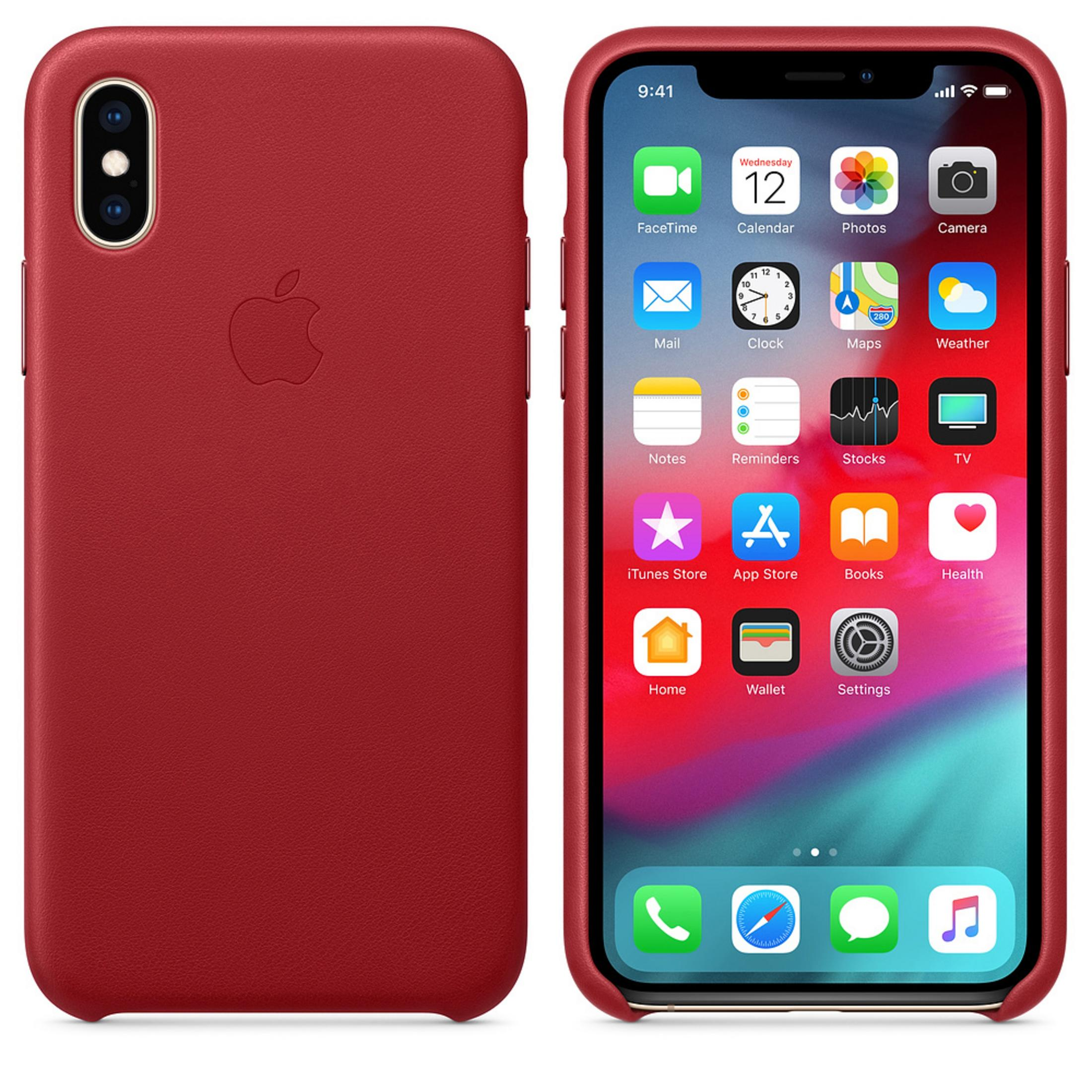 Rotes iPhone X mit roter Hülle, auf weißem Hintergrund, Seitenansicht mit Symbolen.